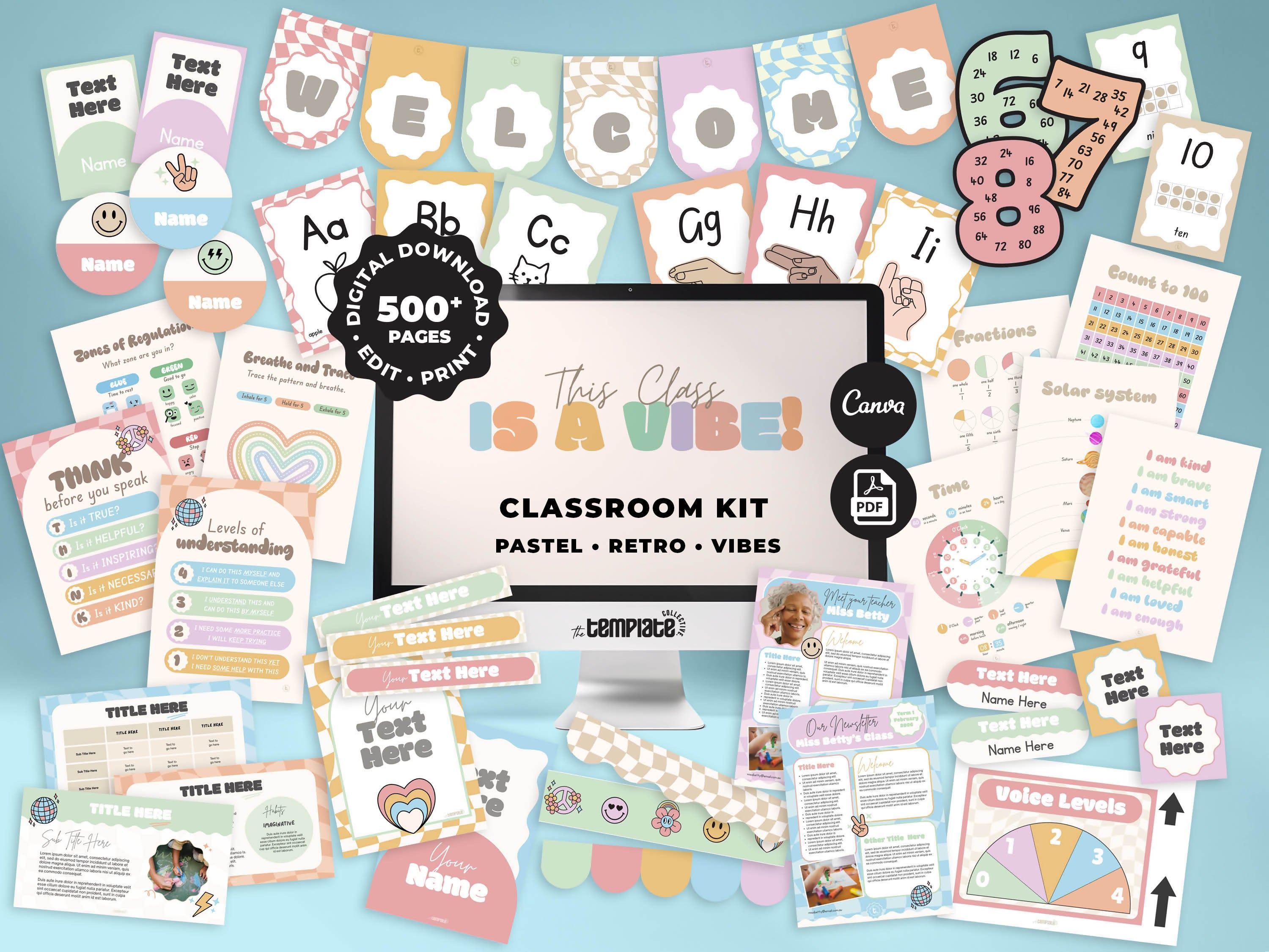 This Class is a Vibe Classroom Decor Bundle • Pastel Retro Rainbow Theme • Bulletin Board Decor • Teacher Resources • Editable & Printable