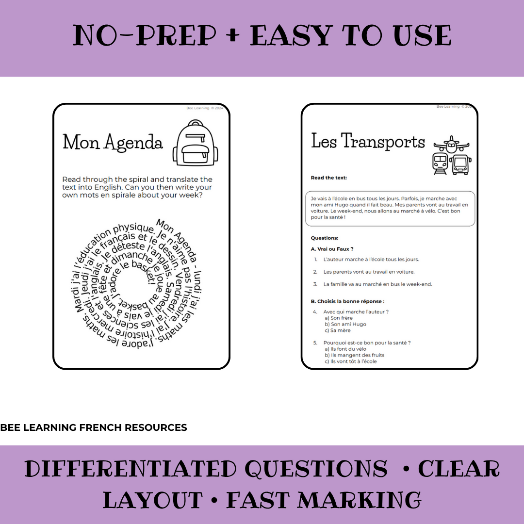 French Reading Comprehension Pack for Beginners | Year 7–8