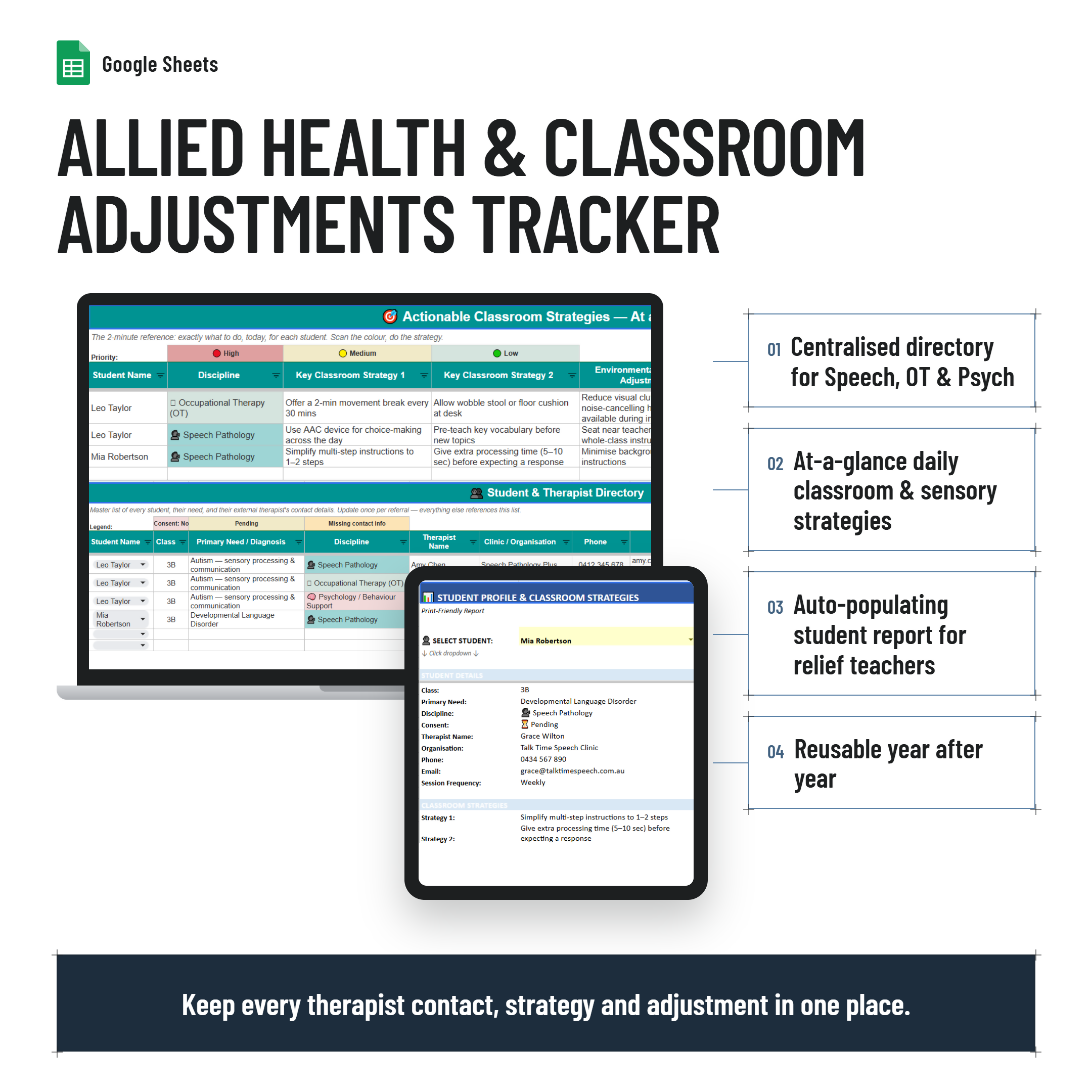 Allied Health Professional (AHP) Communication & Classroom Adjustments/Modifications Tracker and Dashboard for Teachers| NCCD| PLPs| Google Sheets