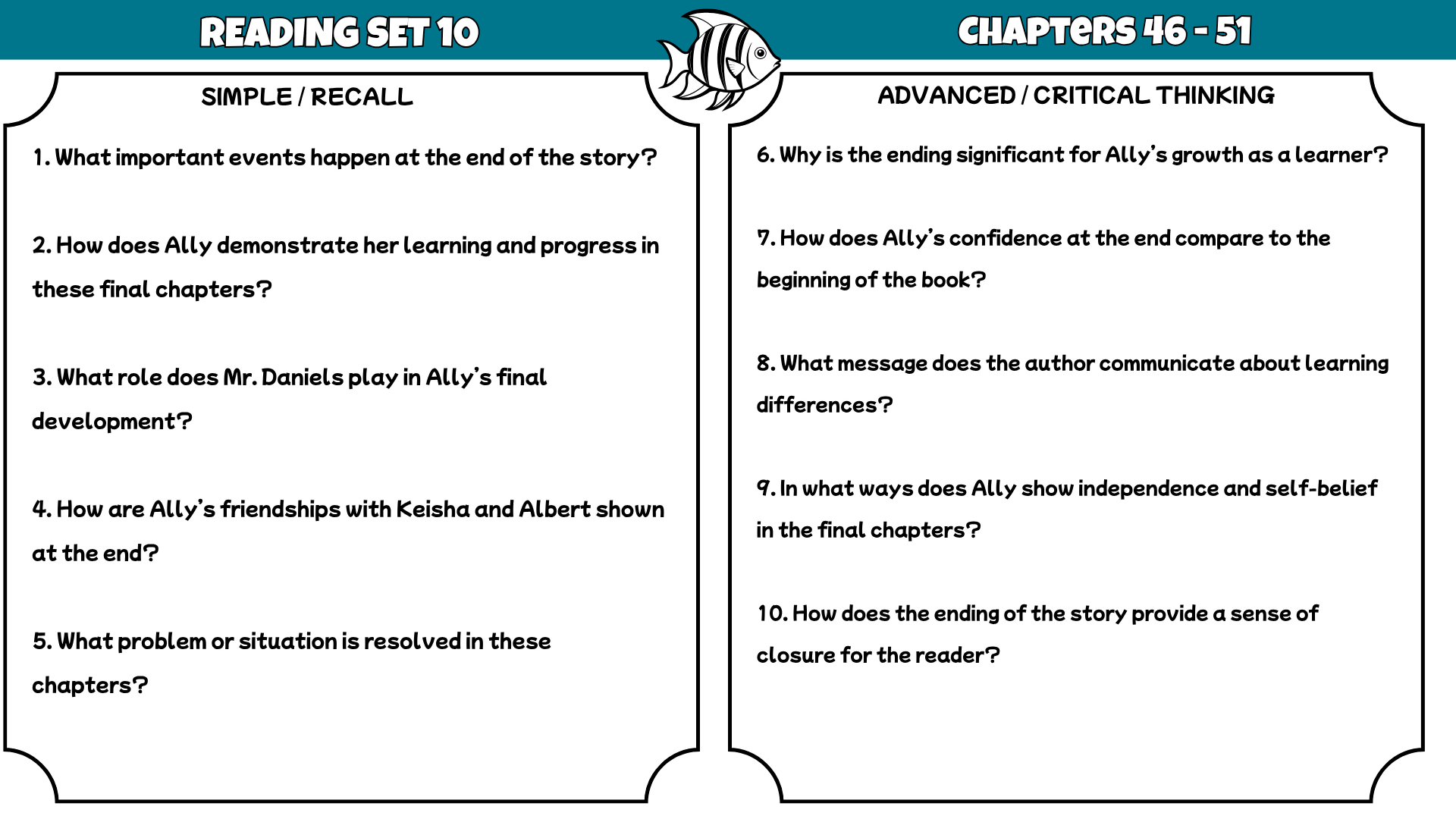 Fish in a Tree Comprehension Questions and Answer Key PDF | Lynda Mullaly Hunt Novel Worksheets for Grades 4–6