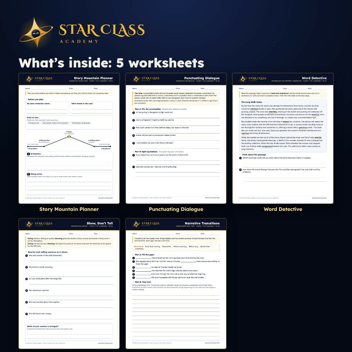 FREE Narrative Writing Worksheets | Story Planning, Grammar | Grades 7-9