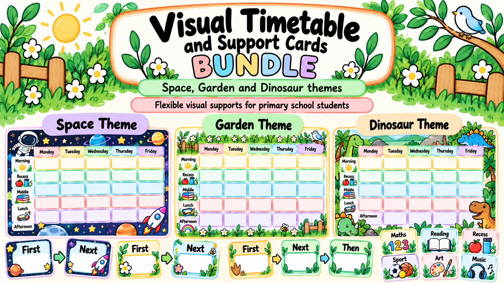 Visual Timetable & Support Cards Bundle | Space, Garden & Dinosaur | Primary
