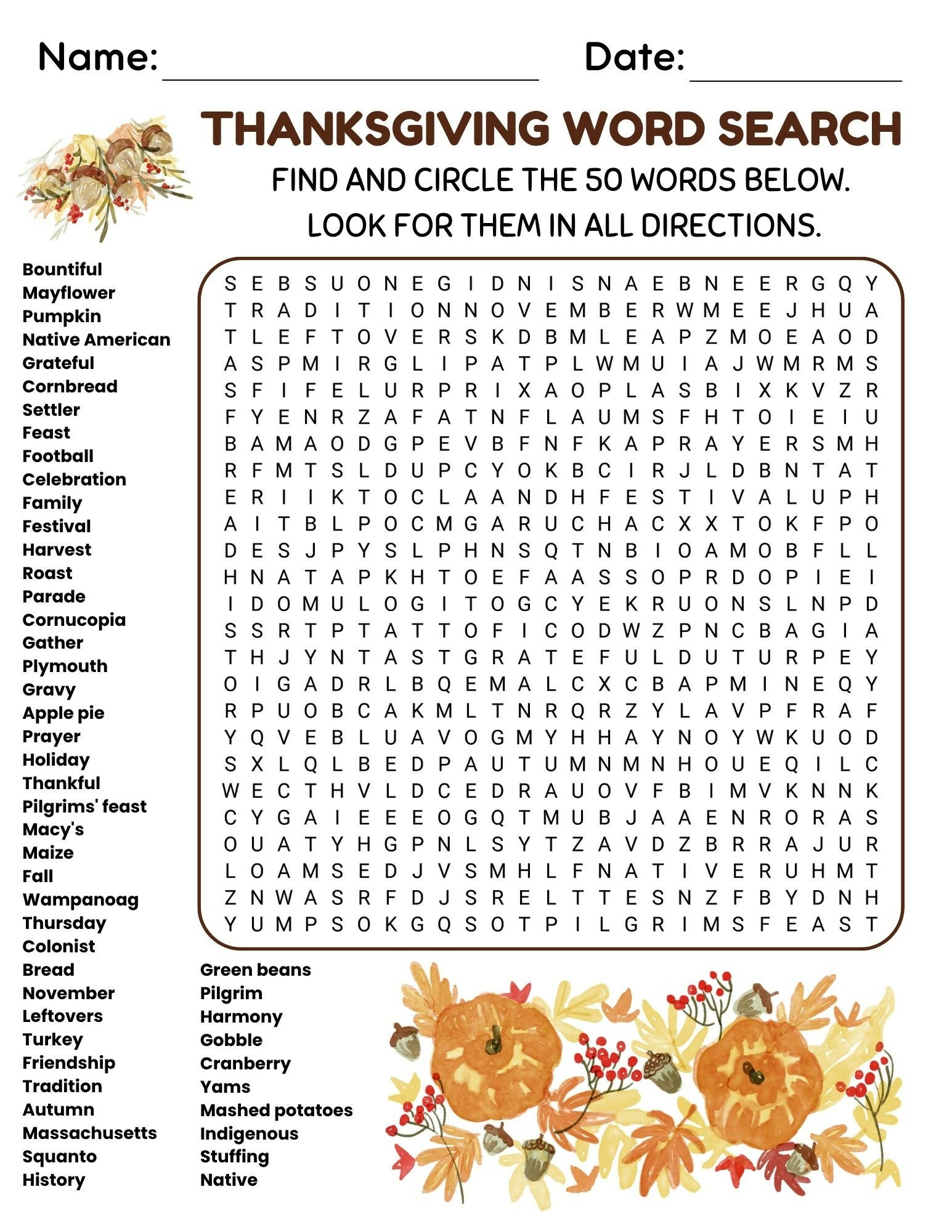 Thanksgiving Crossword & Word Search Activities | Vocabulary Puzzles with Answer Keys | Middle & High School