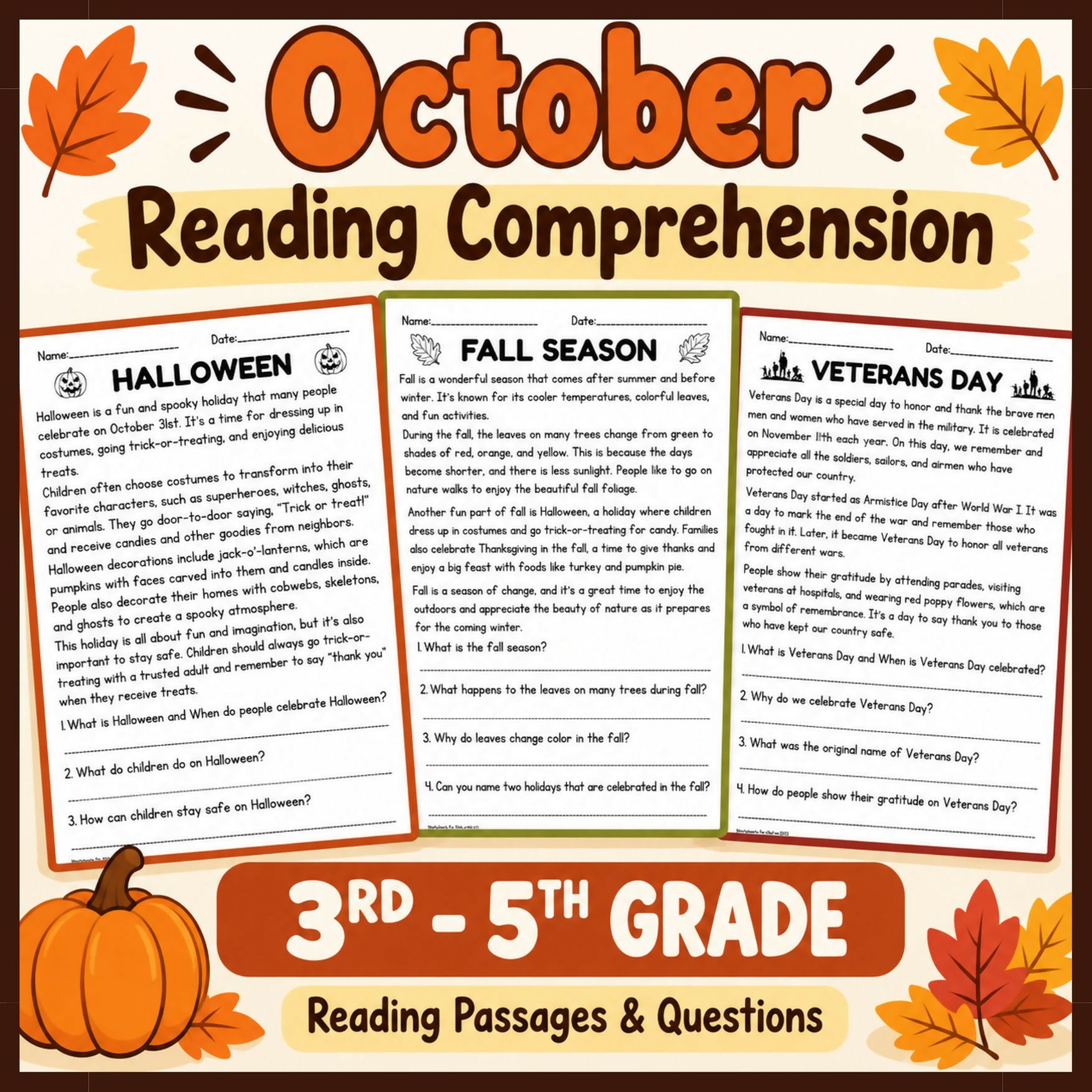October & November Reading Comprehension Worksheets | 13 Passages & Questions | Grades 3–5