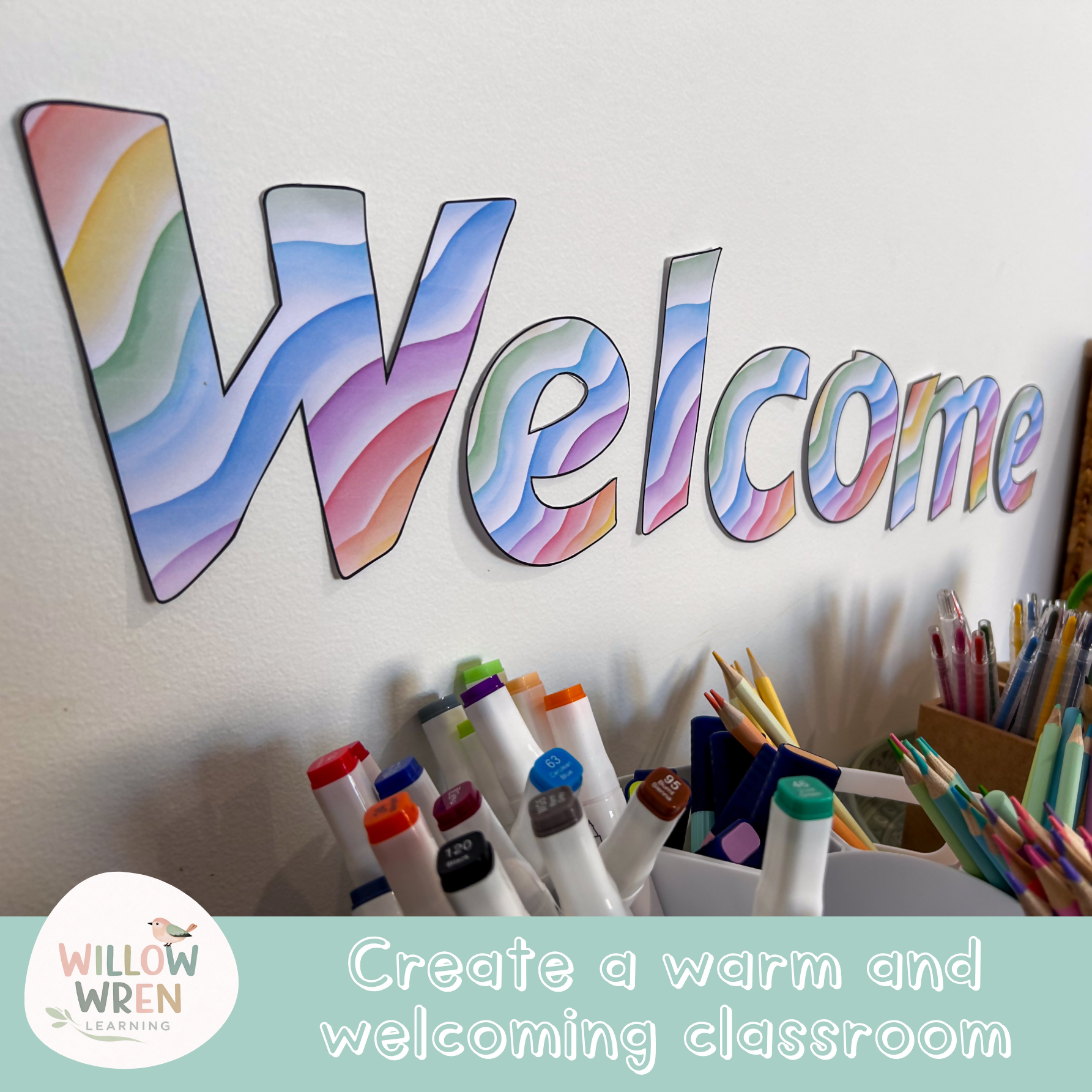 Rainbow Pencils Bulletin Board Letters | Editable Lettering Pack Decor Colourful