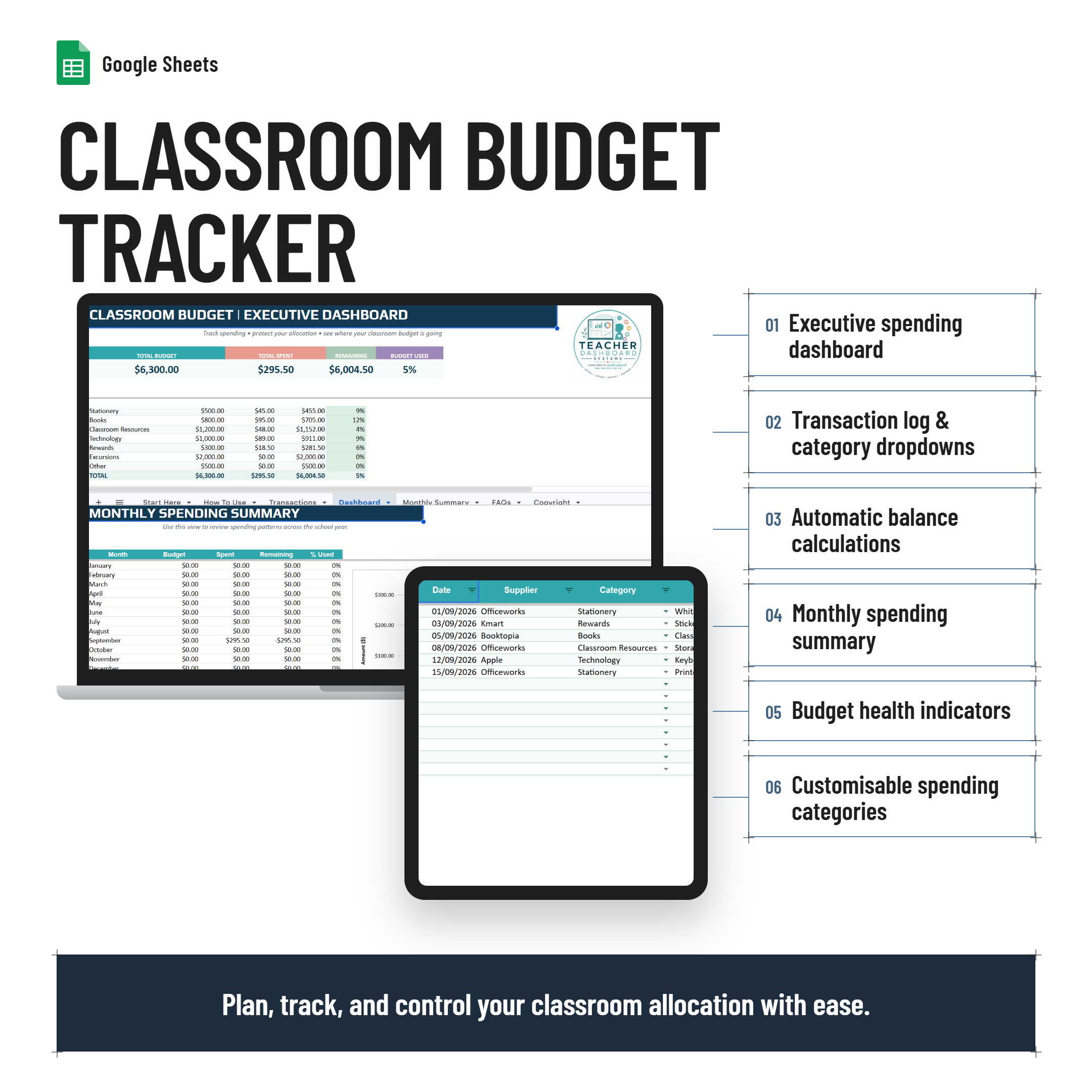 Classroom Budget Tracker and Dashboard| Teacher Expense Planner & Tracker| Google Sheets