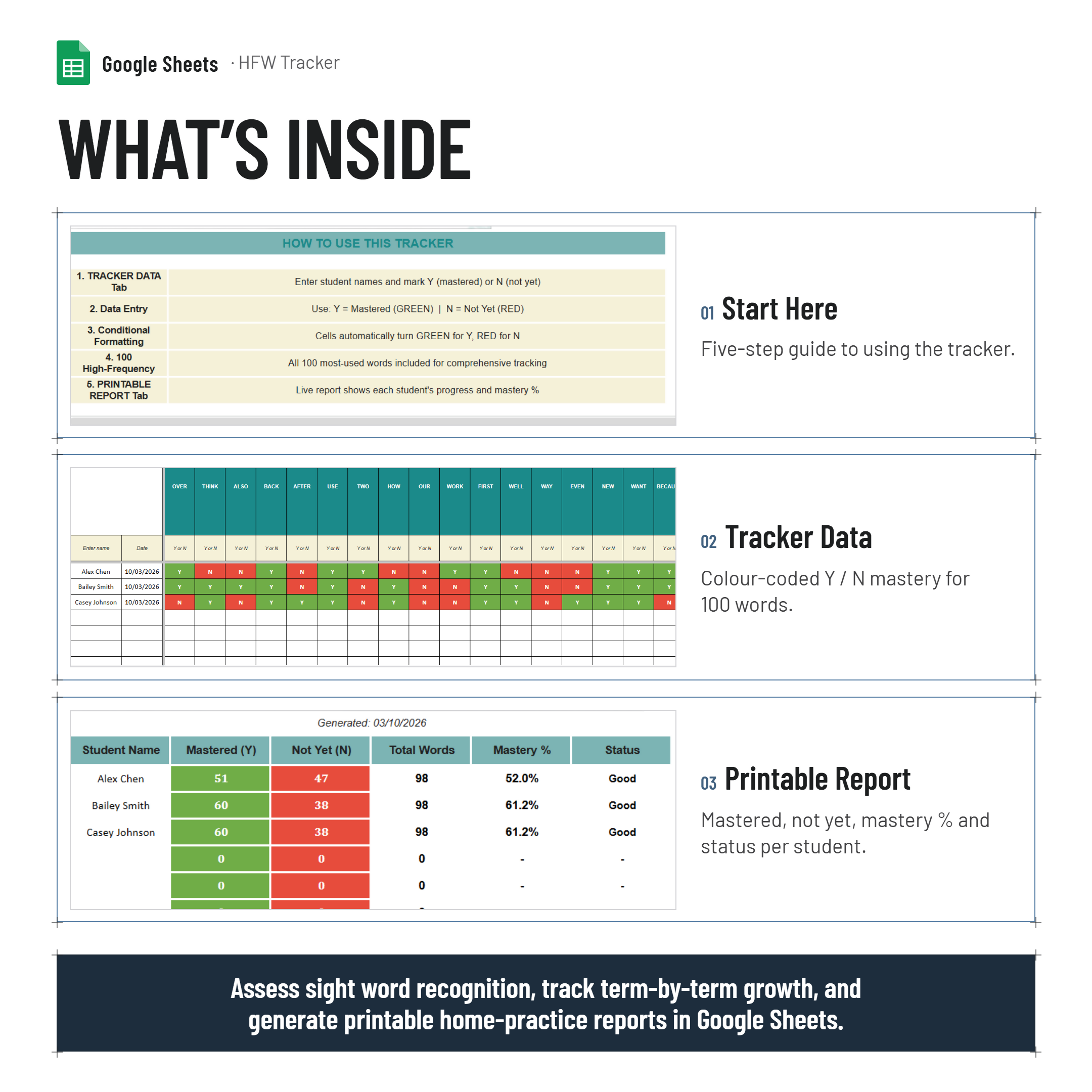 High Frequency Words Tracker and Printable Report| Google Sheets
