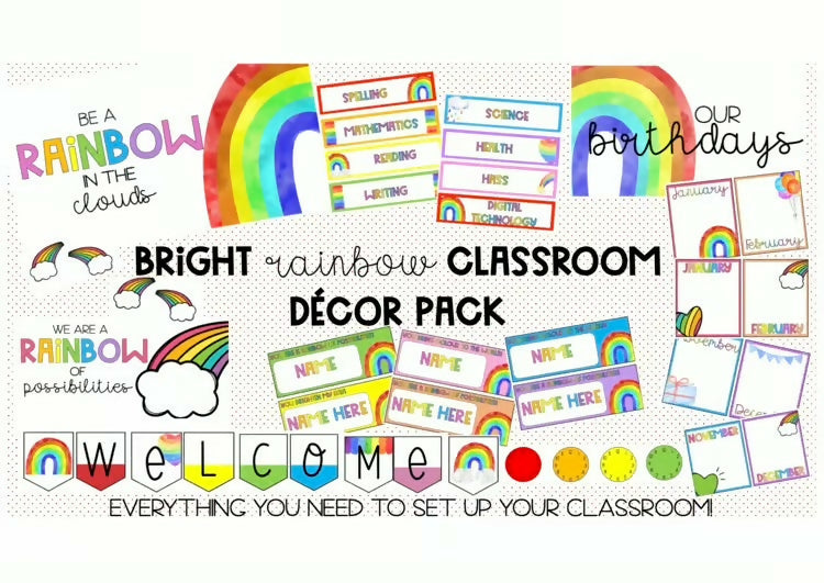 Bright rainbow themed classroom decor