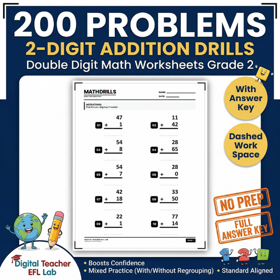 200 Problems 2-Digit Addition Drills | Double Digit Math Worksheets Grade