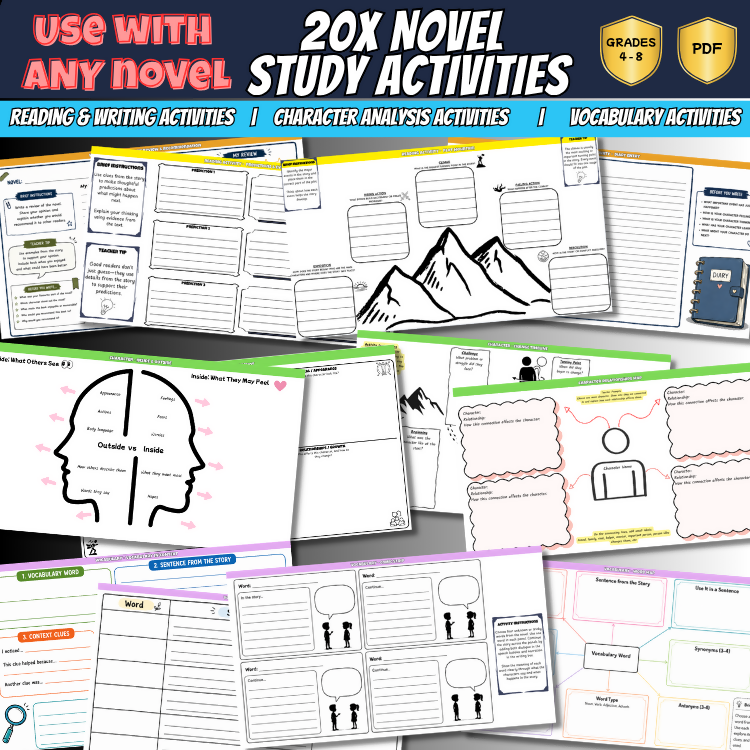 Any Book Novel Study Activities | Reading, Writing, Character & Vocabulary Activities | Years 4–8 | PDF