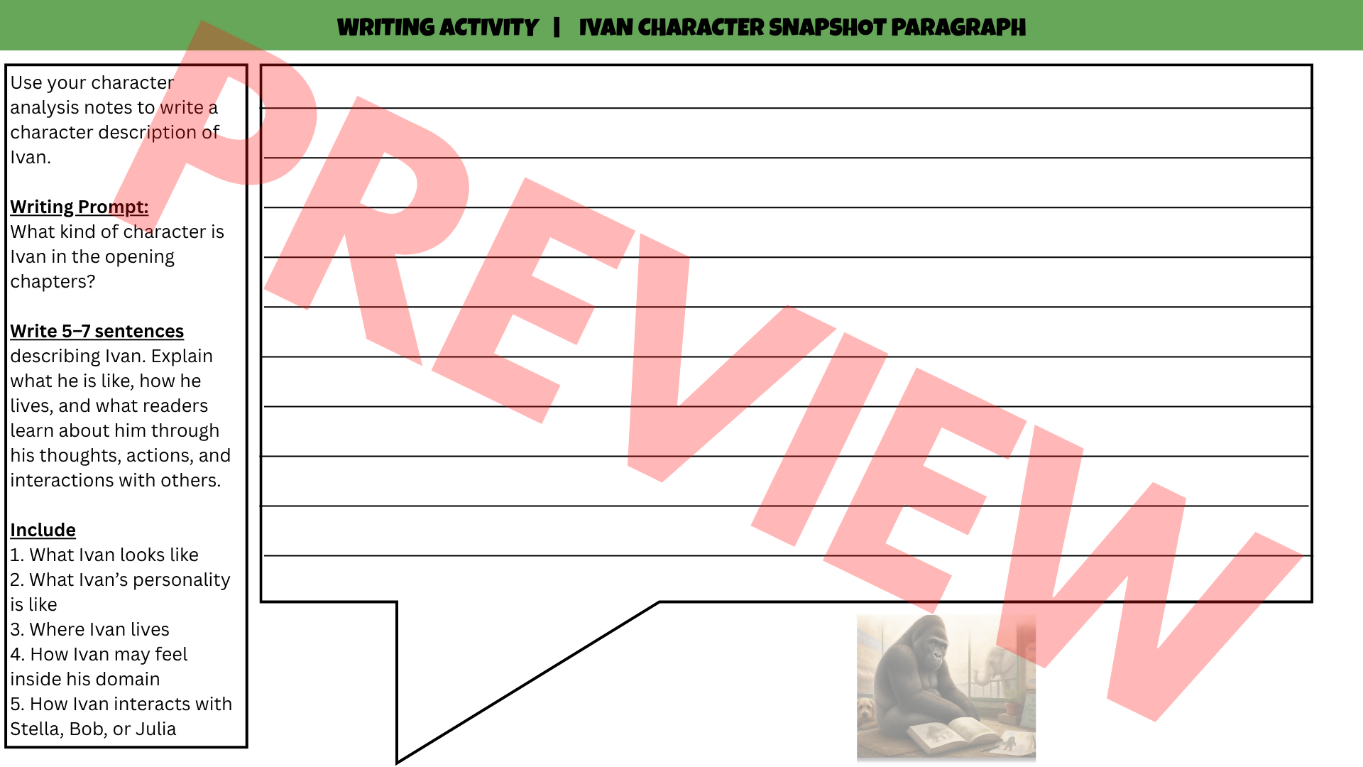 The One and Only Ivan No-Prep Sub Plan | Novel Study Literacy Activities Lesson | Years 4–6 PDF
