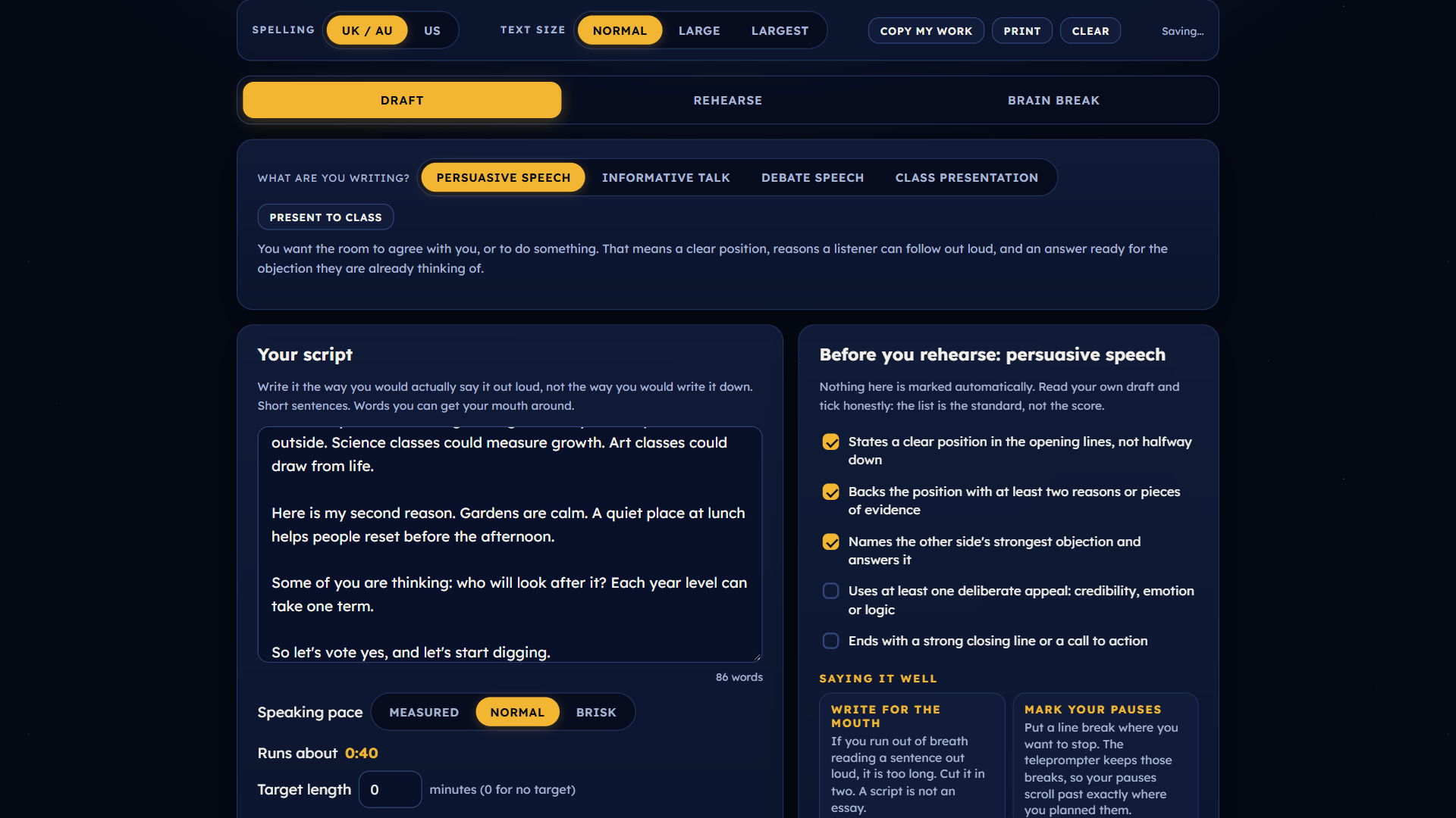 Speech Writing Tool + Teleprompter | Public Speaking Practice | Years 7 to 12