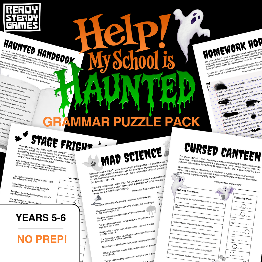 Halloween Grammar Review Puzzle Pack | Crack the Code | Years 5-6