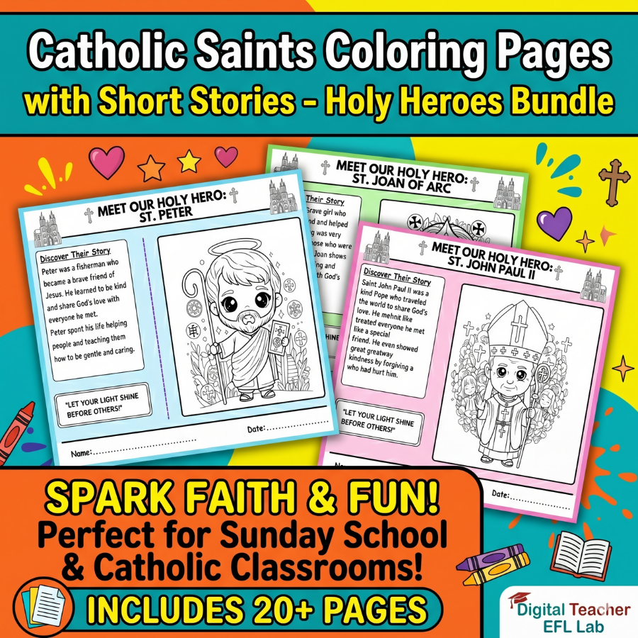 Catholic Saints Coloring Pages with Short Stories - Holy Heroes Bundle