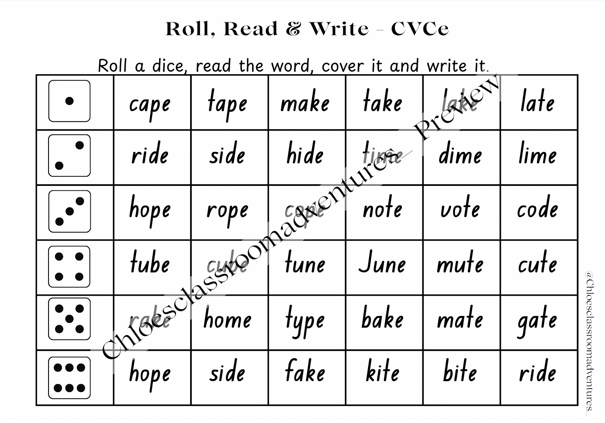 Roll, Read and Write - CVC + CVCe Word Game | Literacy Based | Low Prep Activity