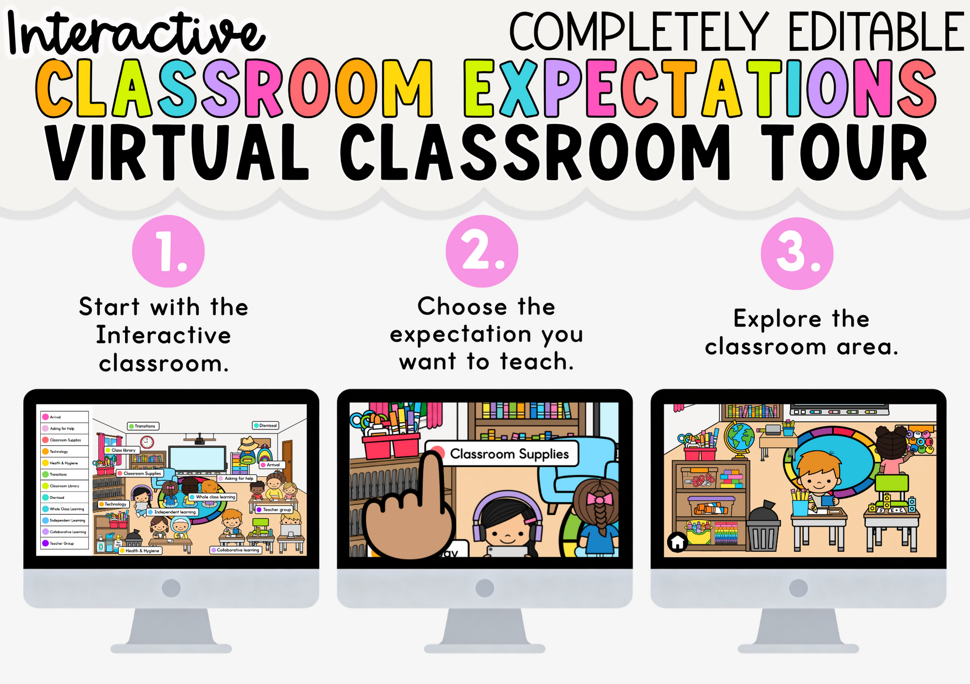 Back to School Routines and Expectations Virtual Classroom Tour with Collaborative Role Play Cards I EDITABLE