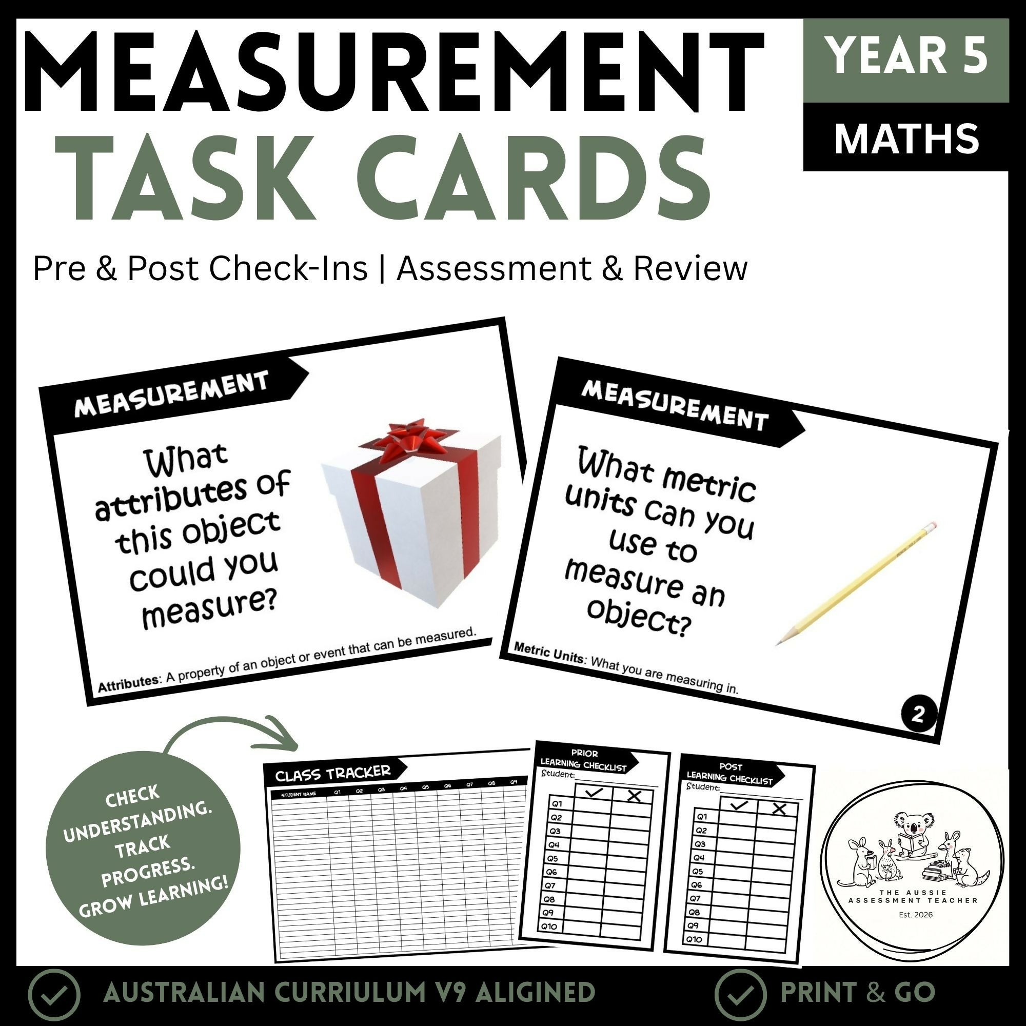 Year 5 Measurement Task Cards | Pre & Post Check-Ins + Tracking Tools | Australian Curriculum V9