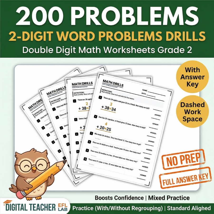 200 Problems 2-Digit Math Word Problems | Addition & Subtraction Story Problems