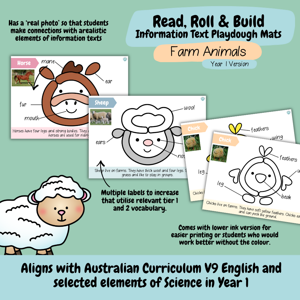 Read, Roll & Build | Year 1 Information Text Playdough Mats | Farm Animals