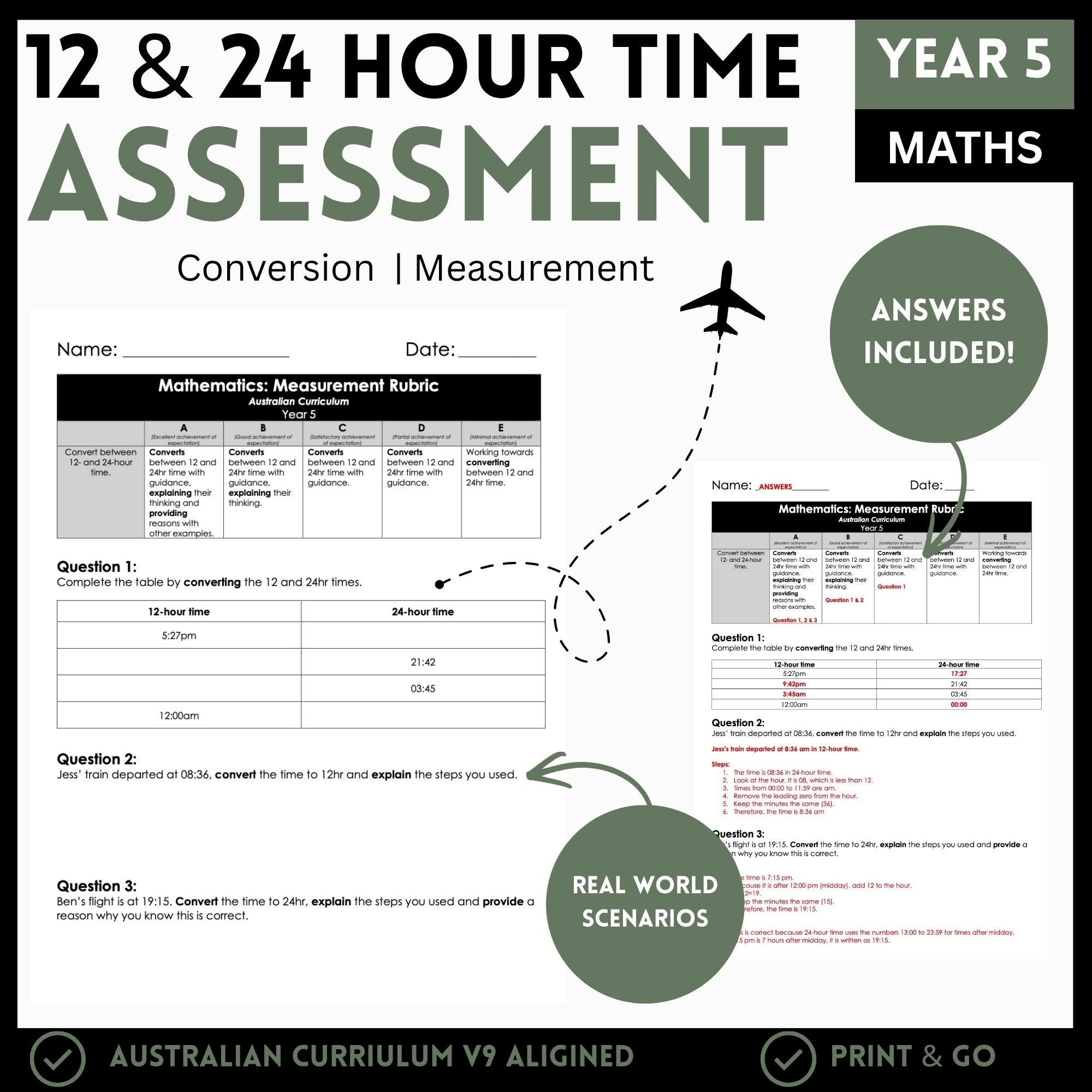 Year 5 Maths Time Assessment | 12 & 24 Hour Time Conversion | Aus Curriculum