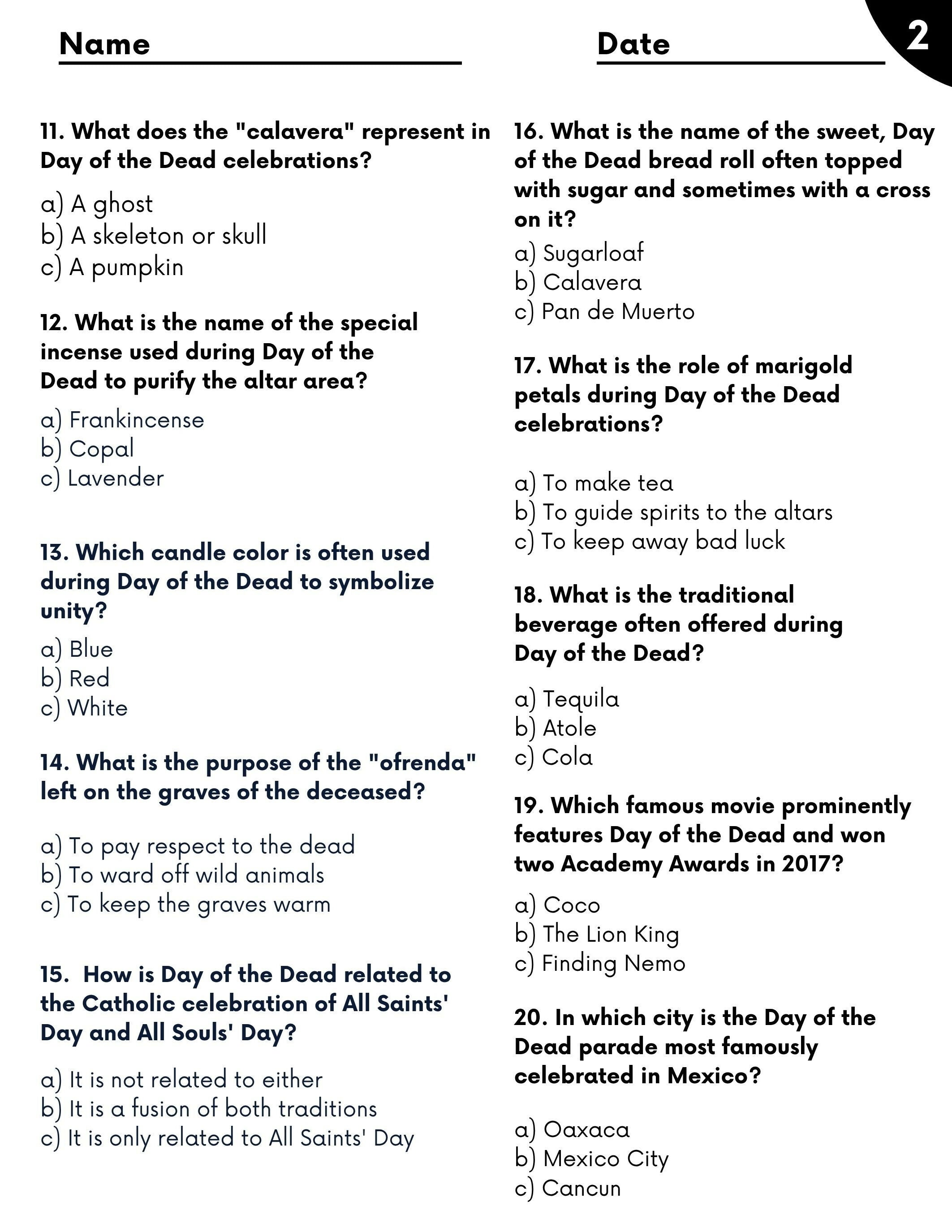 Day of the Dead (Día de los Muertos) Activities | 60 Questions, Multiple Choice & Answer Keys | Grades 3–6