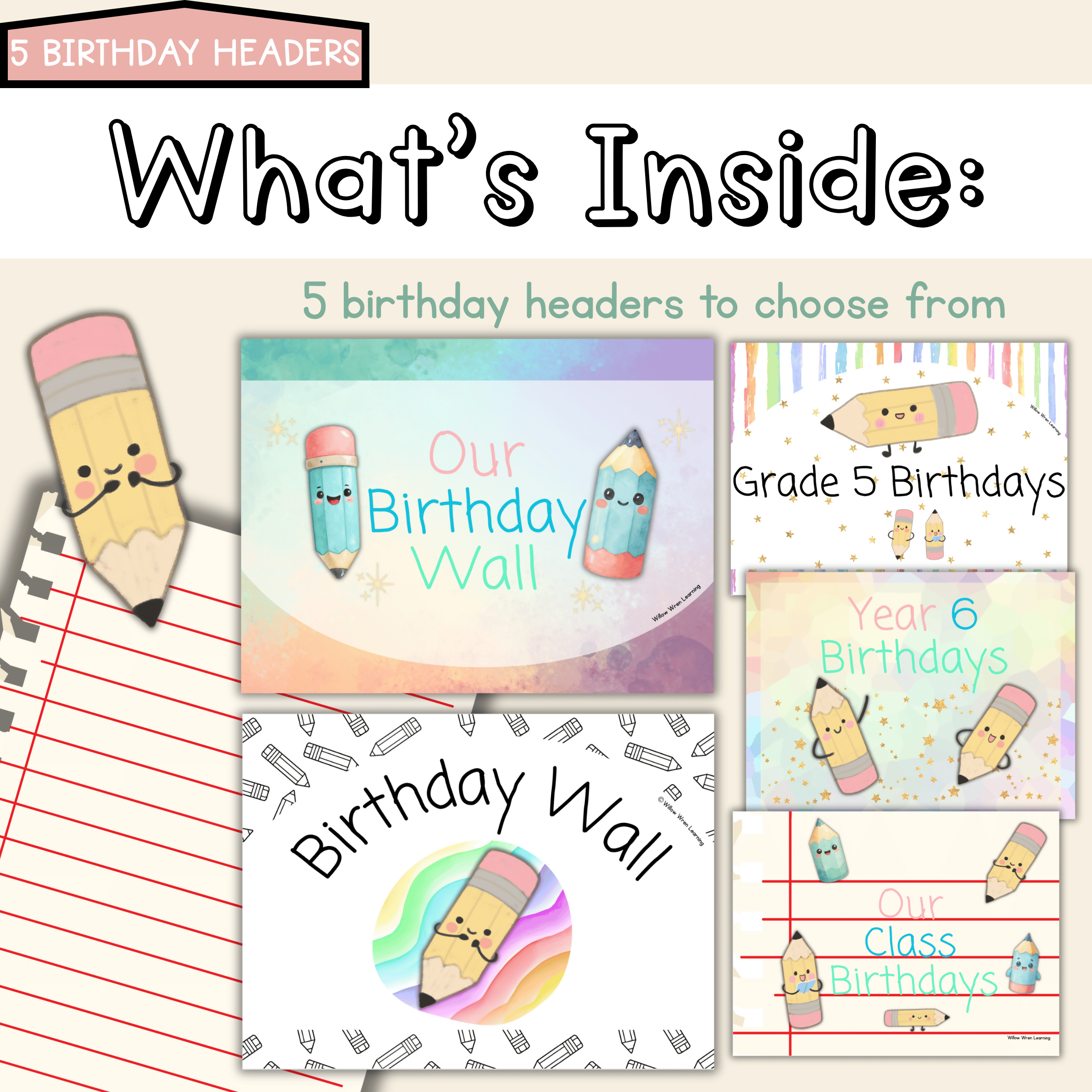 Rainbow Pencils Birthday Board | Editable Birthday Pack Decor Colourful