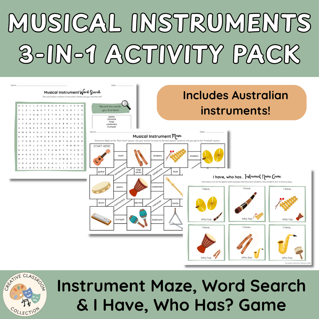 Musical Instruments Activity Bundle | I Have, Who Has? Game, Maze & Word Search