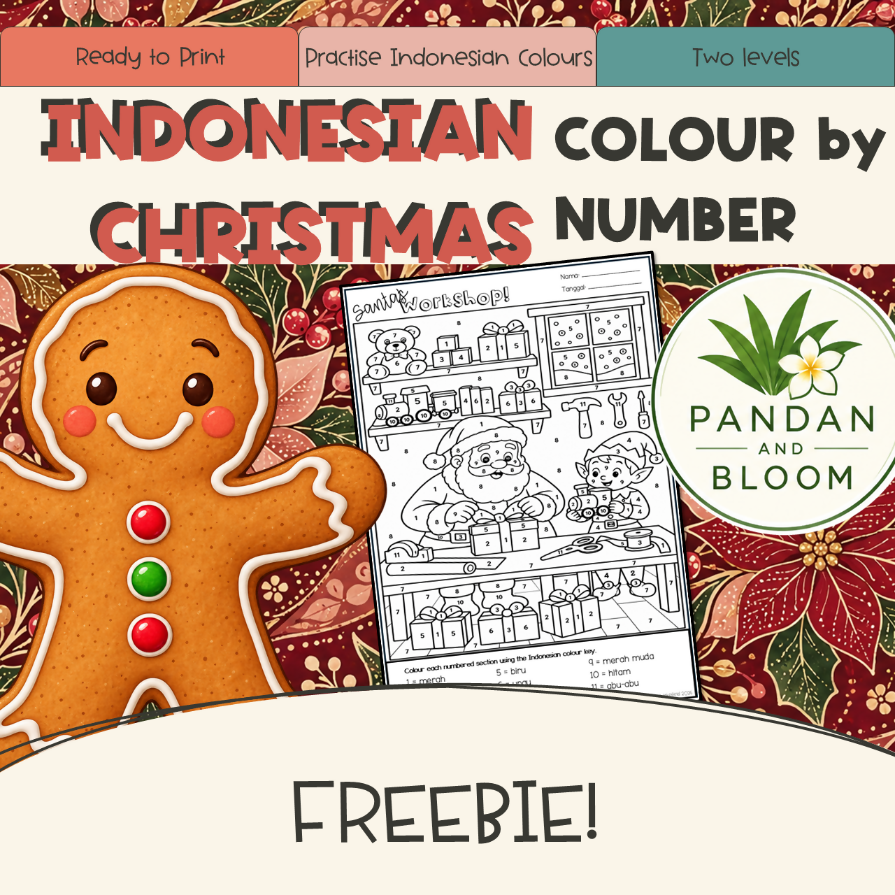 FREE Indonesian Christmas Colour by Number | Colours Vocabulary Worksheets