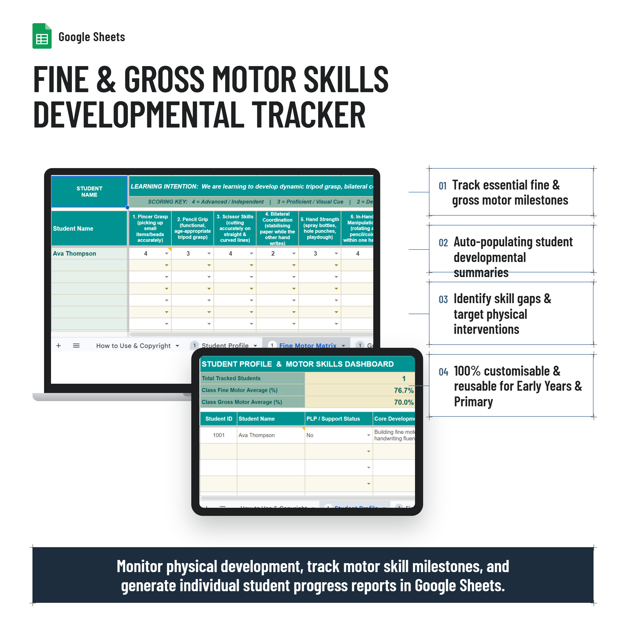 Fine and Gross Motor Skills Developmental Tracker| Google Sheets