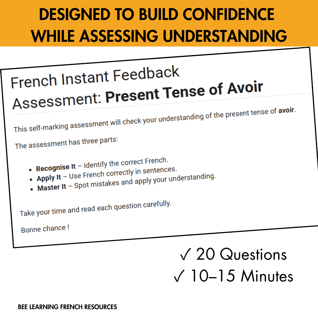 French Avoir Present Tense Assessment | Self-Checking Grammar Quiz | Year 7–9