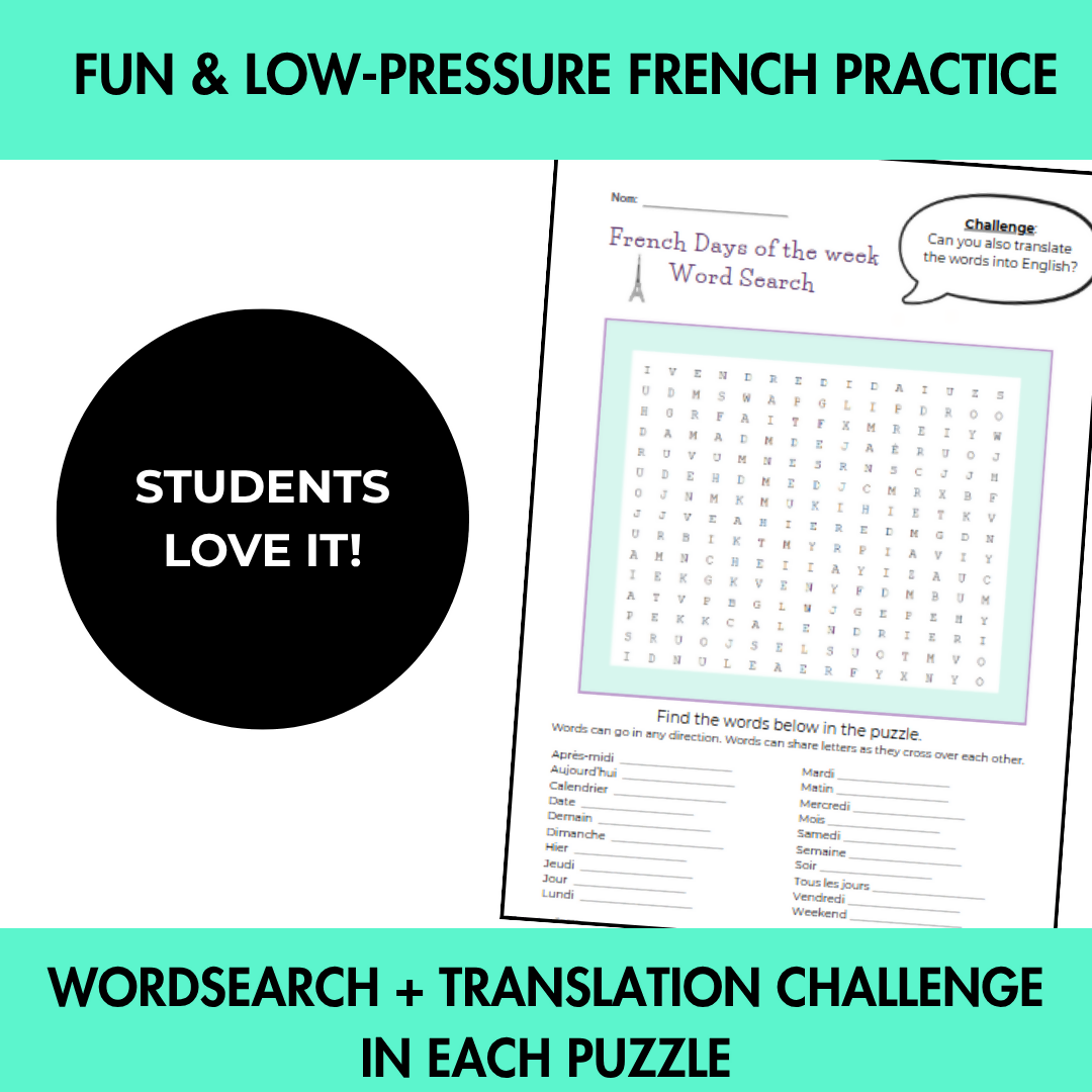 French Word Searches | Beginner Vocabulary Worksheets | No Prep | 17 Topics | Year 7–8