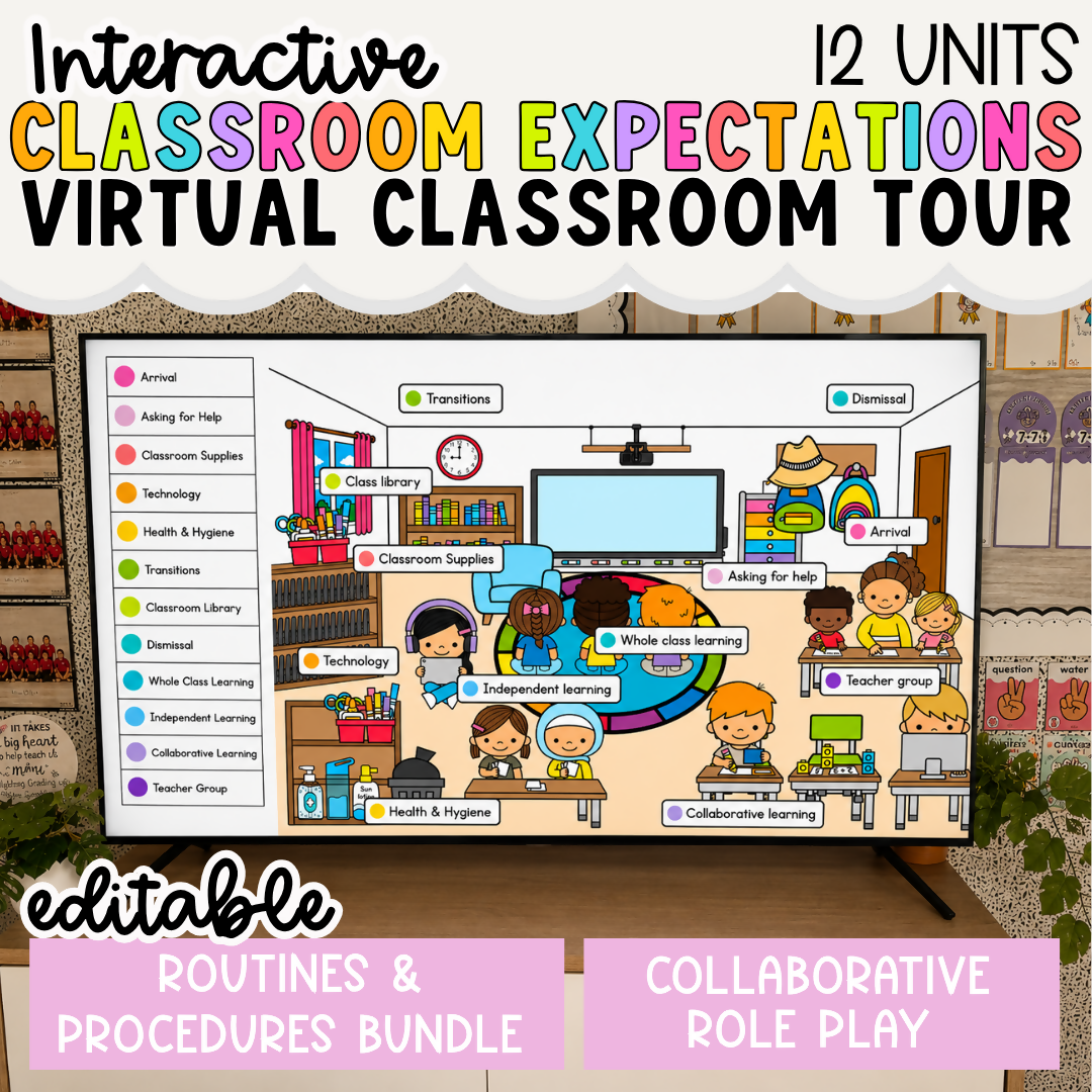 Back to School Routines and Expectations Virtual Classroom Tour with Collaborative Role Play Cards I EDITABLE