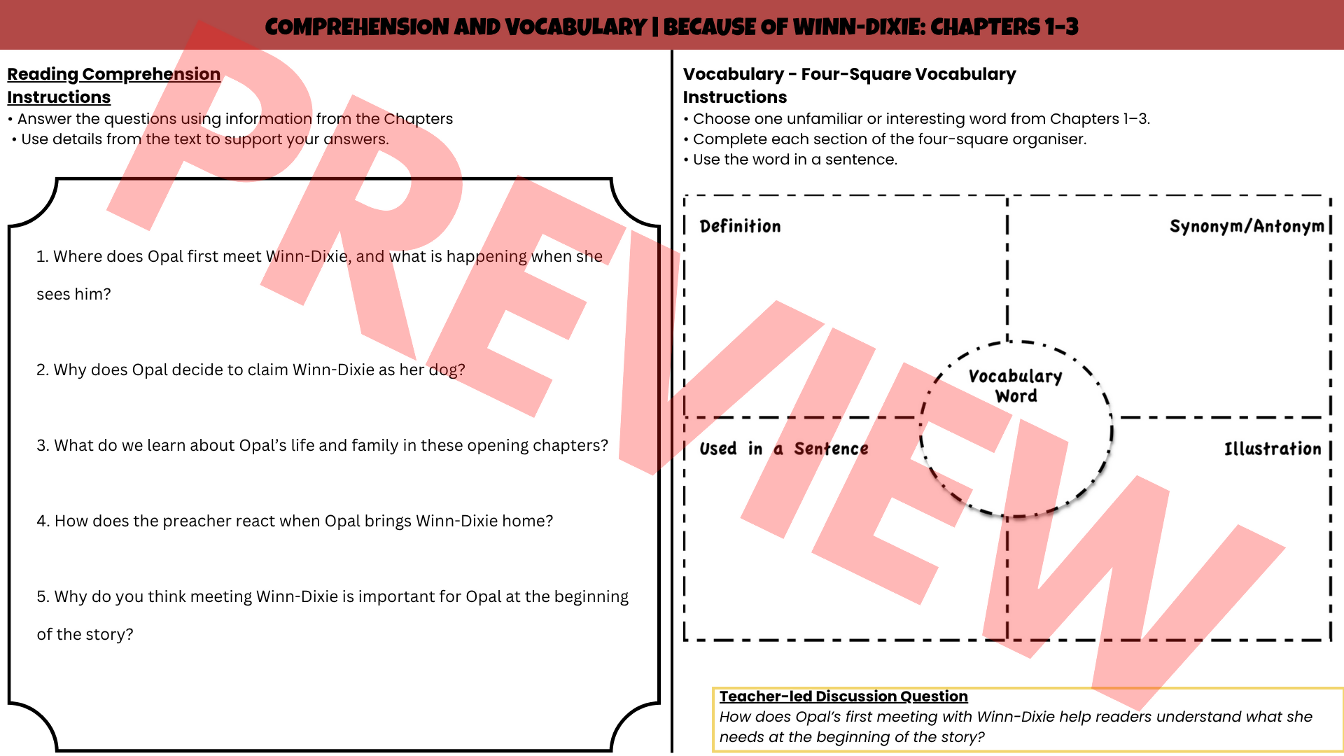 Because of Winn-Dixie No-Prep Sub Plan | Novel Study Literacy Activities Lesson | Years 4–6 PDF
