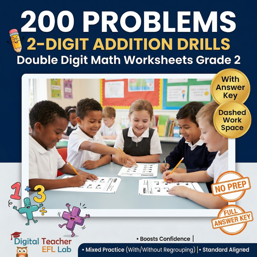 200 Problems 2-Digit Addition Drills | Double Digit Math Worksheets Grade