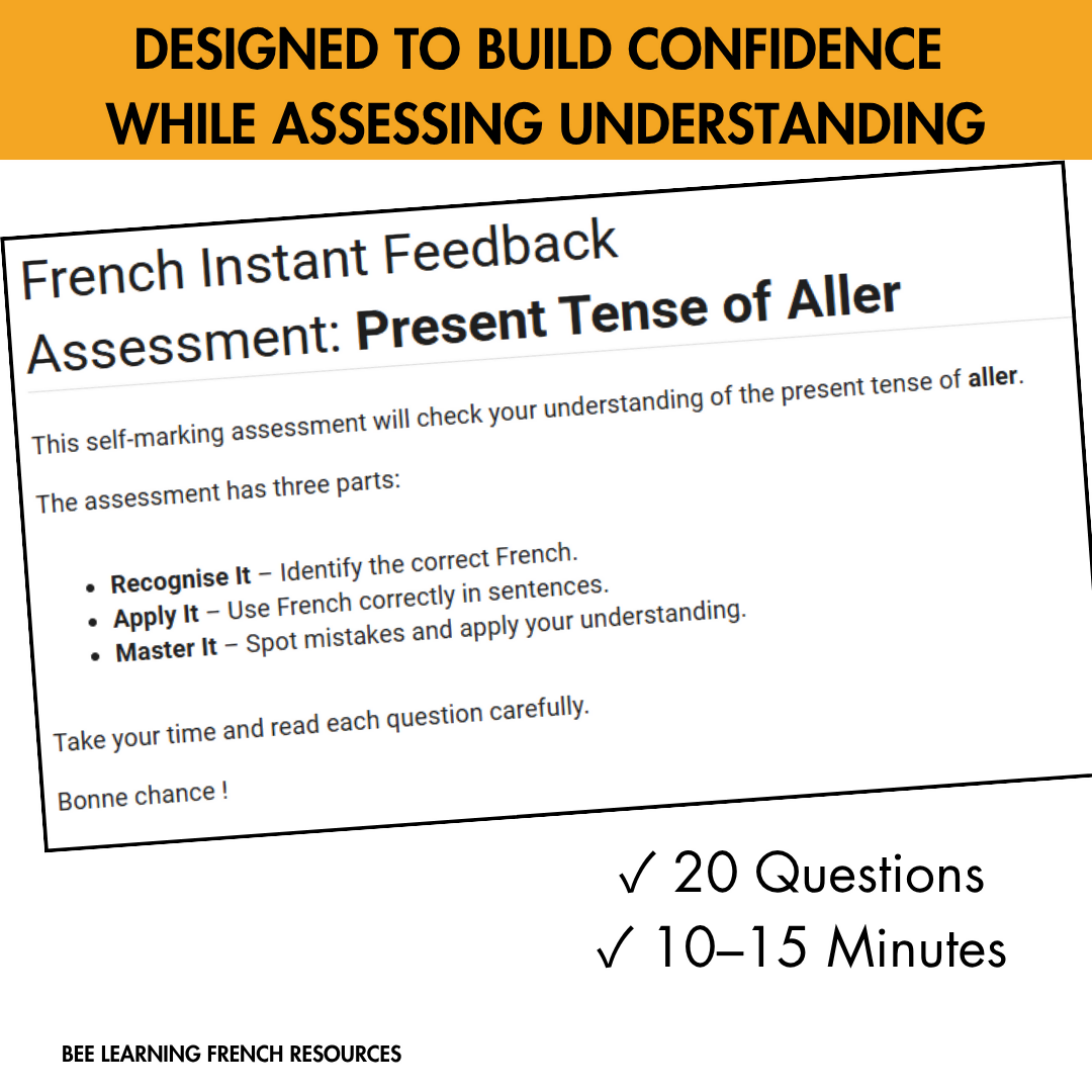 French Aller Present Tense Assessment | Self-Checking Grammar Quiz | Year 7-9