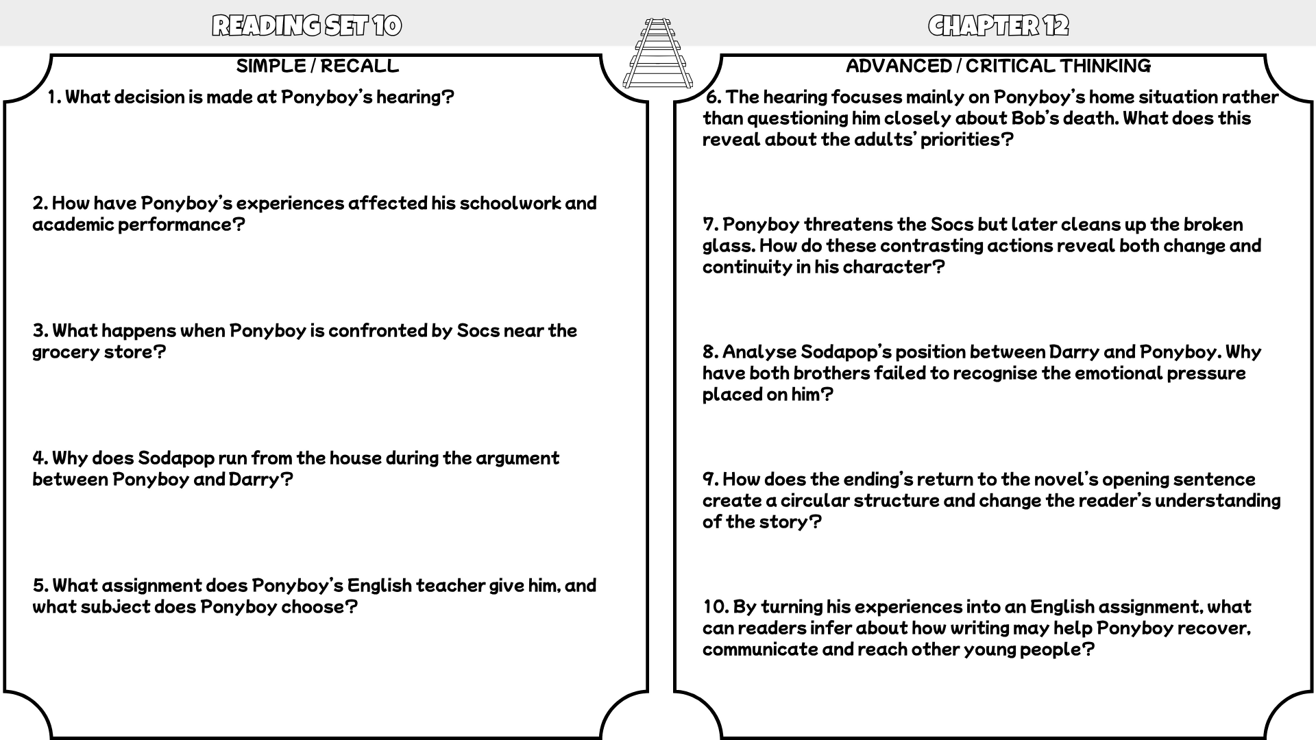 The Outsiders by S. E. Hinton Novel Study Comprehension Worksheets PDF | 100 Questions + Complete Answer Key | Years 7–9