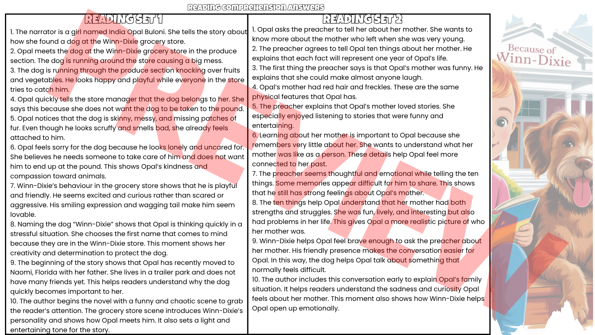 Because of Winn-Dixie Reading Comprehension Questions & Answers | Printable Worksheets PDF | 10 Reading Sets | Grades 3–6