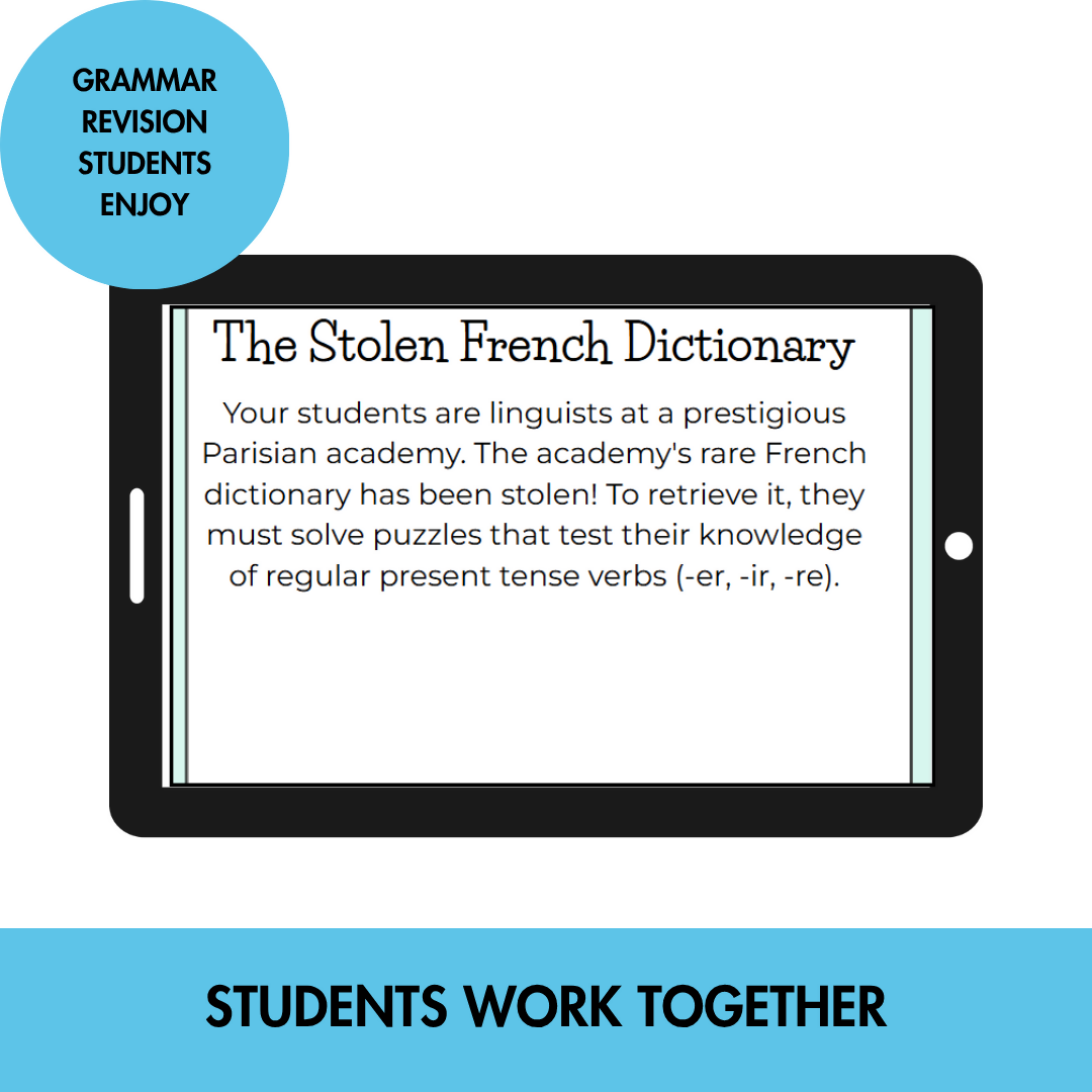 French Escape Room Present Tense | Regular Verbs -ER -IR -RE | Year 7–8 | Print & Digital