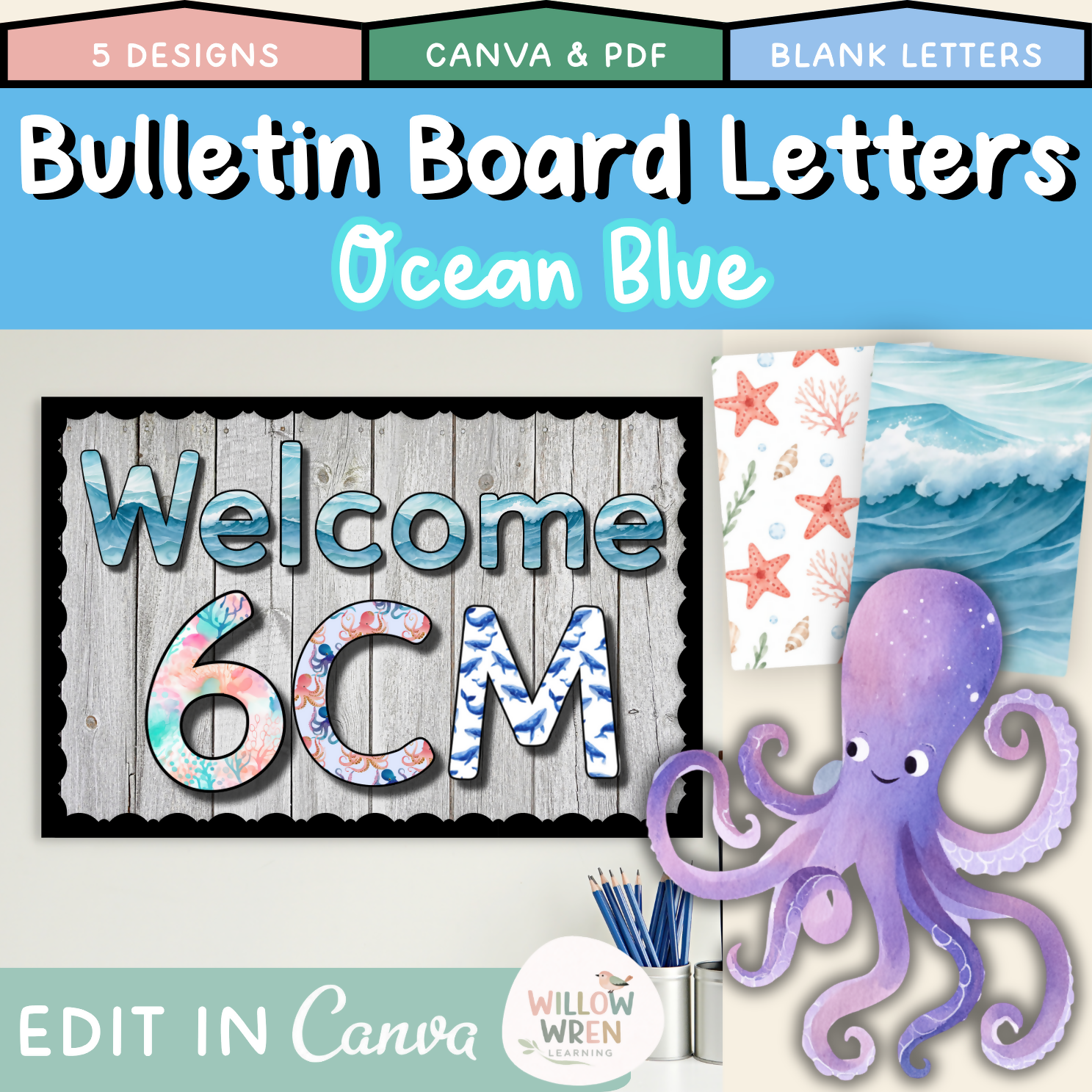 Ocean Blue Bulletin Board Letters | Editable Lettering Pack Decor Sea