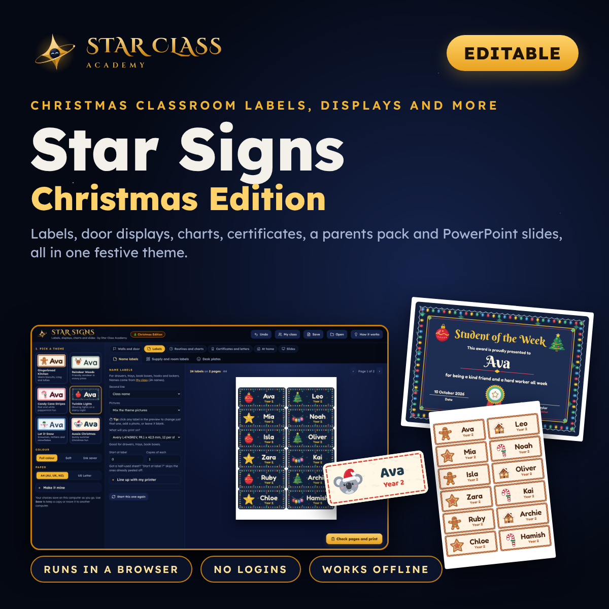 Christmas Classroom Decor | Editable Name Labels, Door Display & Awards | Prep to Year 6