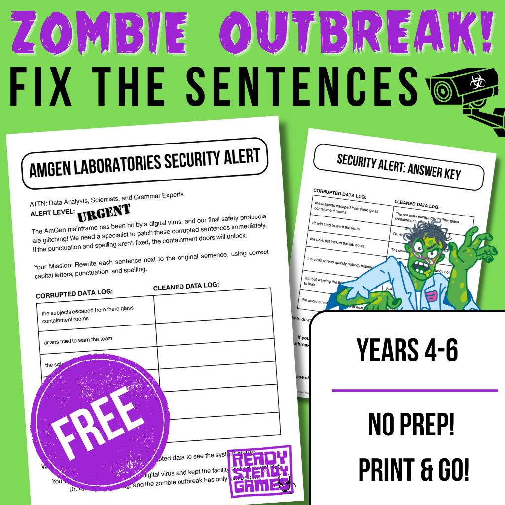 FREE Zombie Grammar Fix the Sentences Activity | Editing Worksheet | Years 4–6