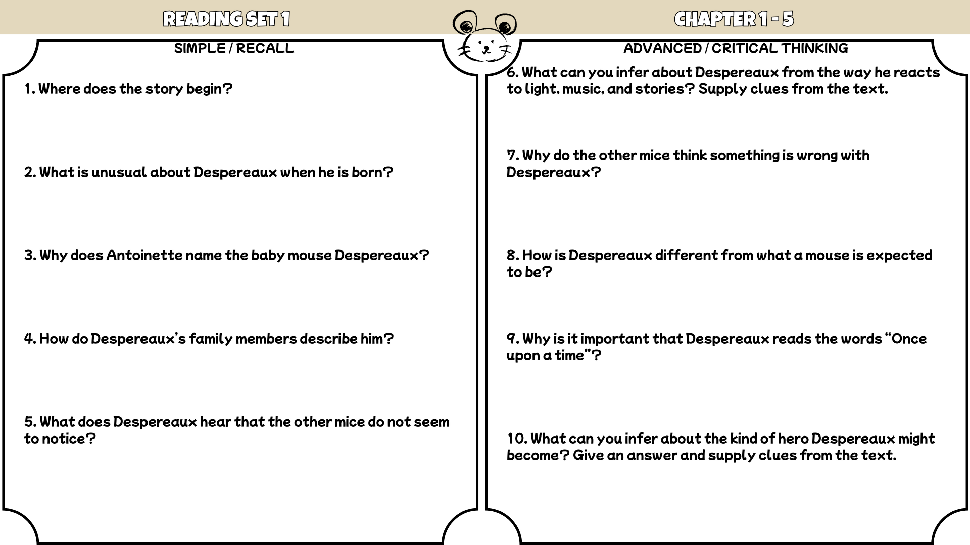 The Tale of Despereaux Reading Comprehension Questions PDF | 100 Questions + Answer Key | Years 2–5