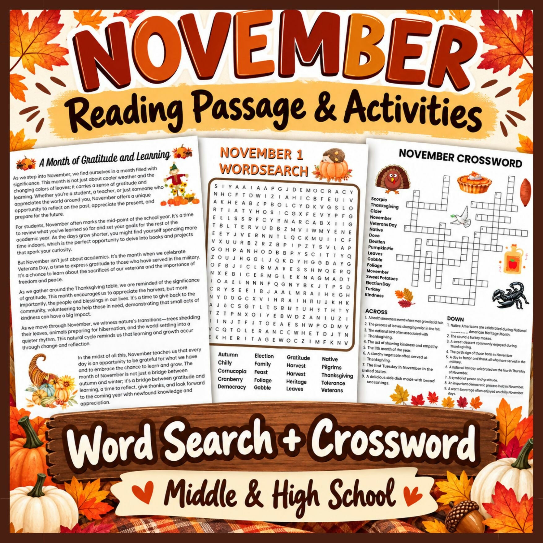 November Reading Comprehension & Activities | Word Search, Crossword, Trivia & Sudoku | Middle & High School
