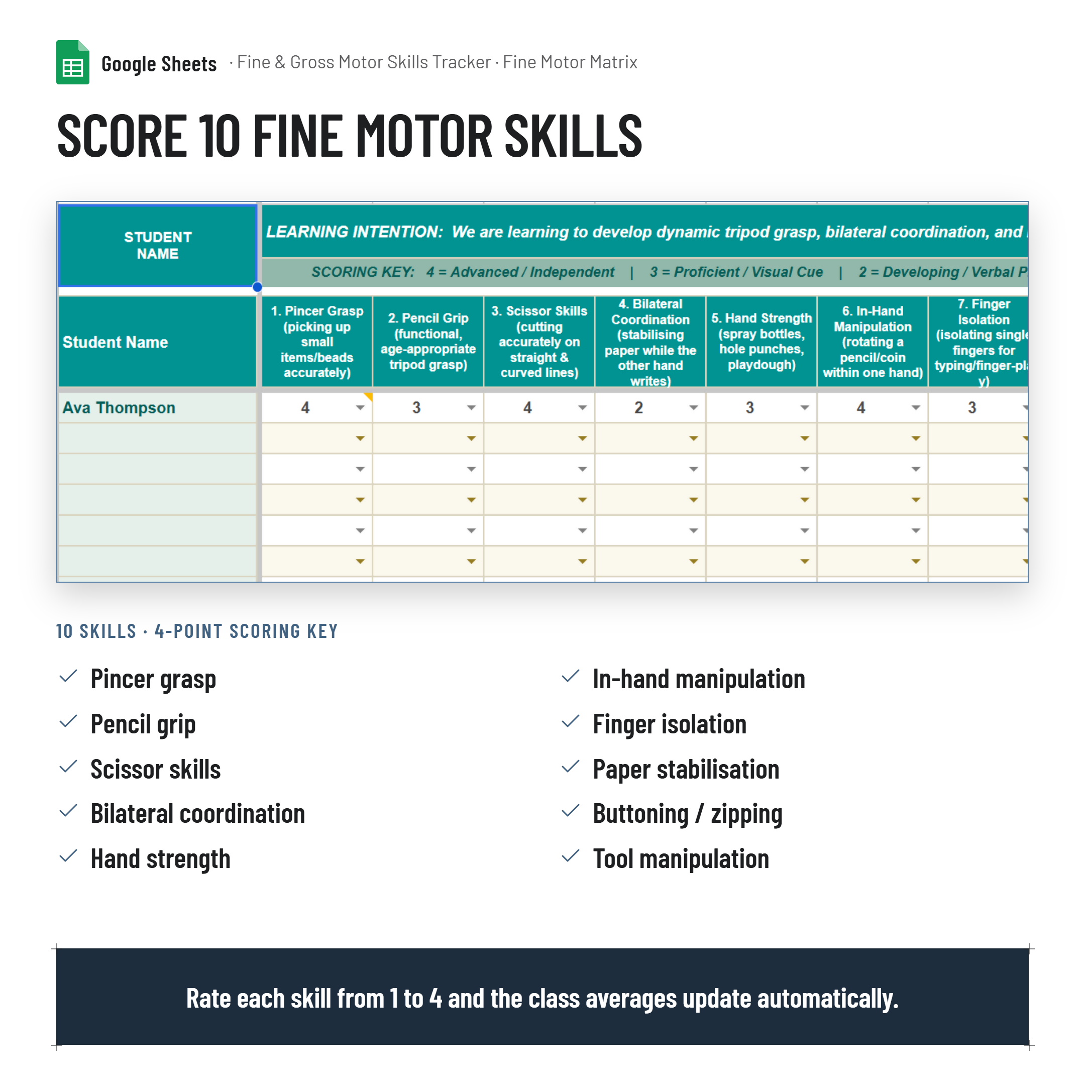 Fine and Gross Motor Skills Developmental Tracker| Google Sheets