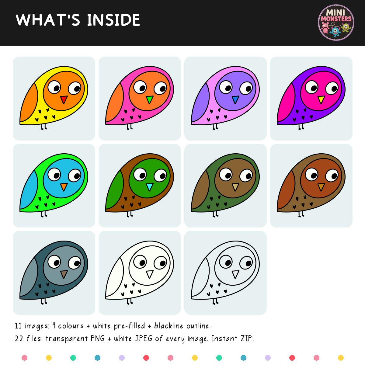 Owls Clipart Set 1 | 11 Designs 22 Files | Colour and Blackline | Hand Drawn | Commercial Use
