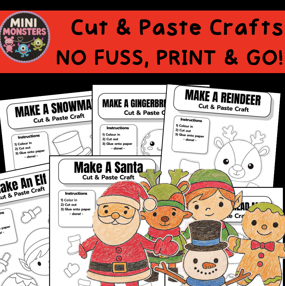 Prep Year 1 Year 2 Christmas Cut and Paste Crafts Santa Elf Reindeer Snowman Gingerbread