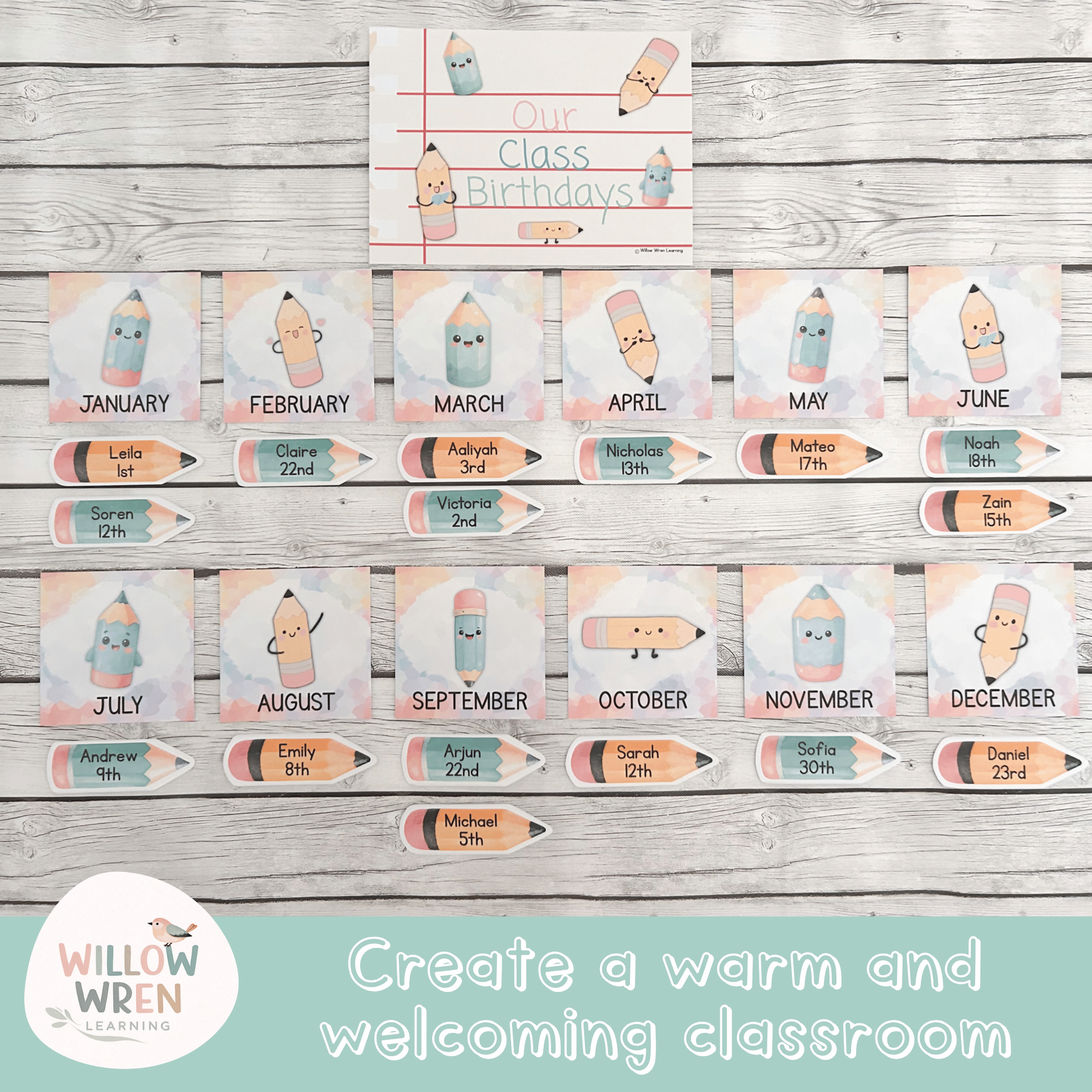 Rainbow Pencils Birthday Board | Editable Birthday Pack Decor Colourful