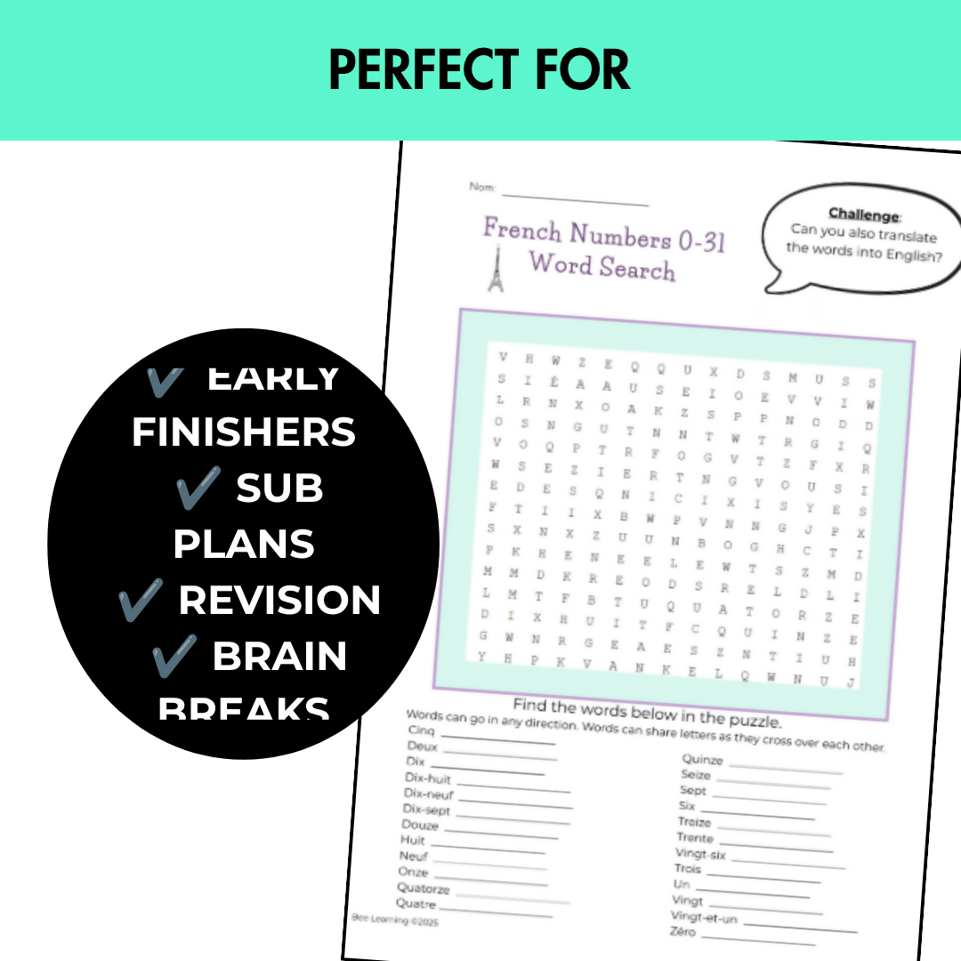 French Word Searches | Beginner Vocabulary Worksheets | No Prep | 17 Topics | Year 7–8