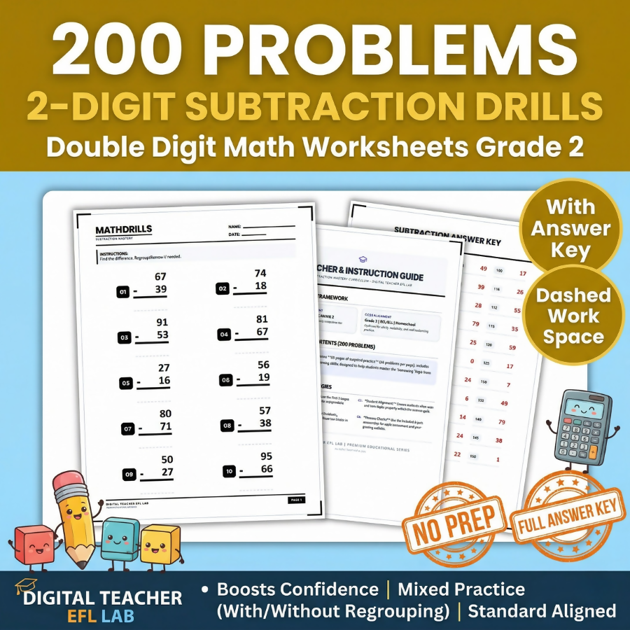 200 Problems 2-Digit Subtraction Drills | Double Digit Math Worksheets Grade 2