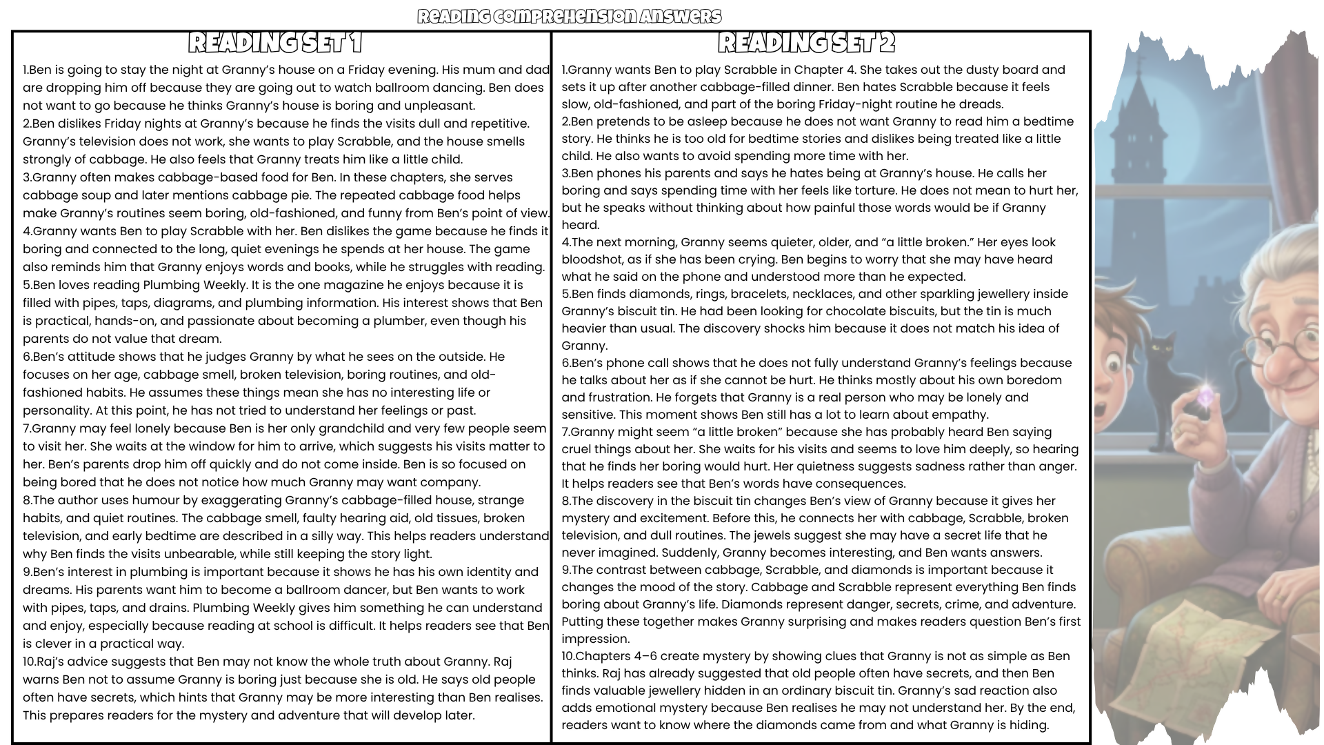 Gangsta Granny Novel Study Reading Comprehension Questions Worksheets PDF | 100 Questions + Answer Key | Years 3–6